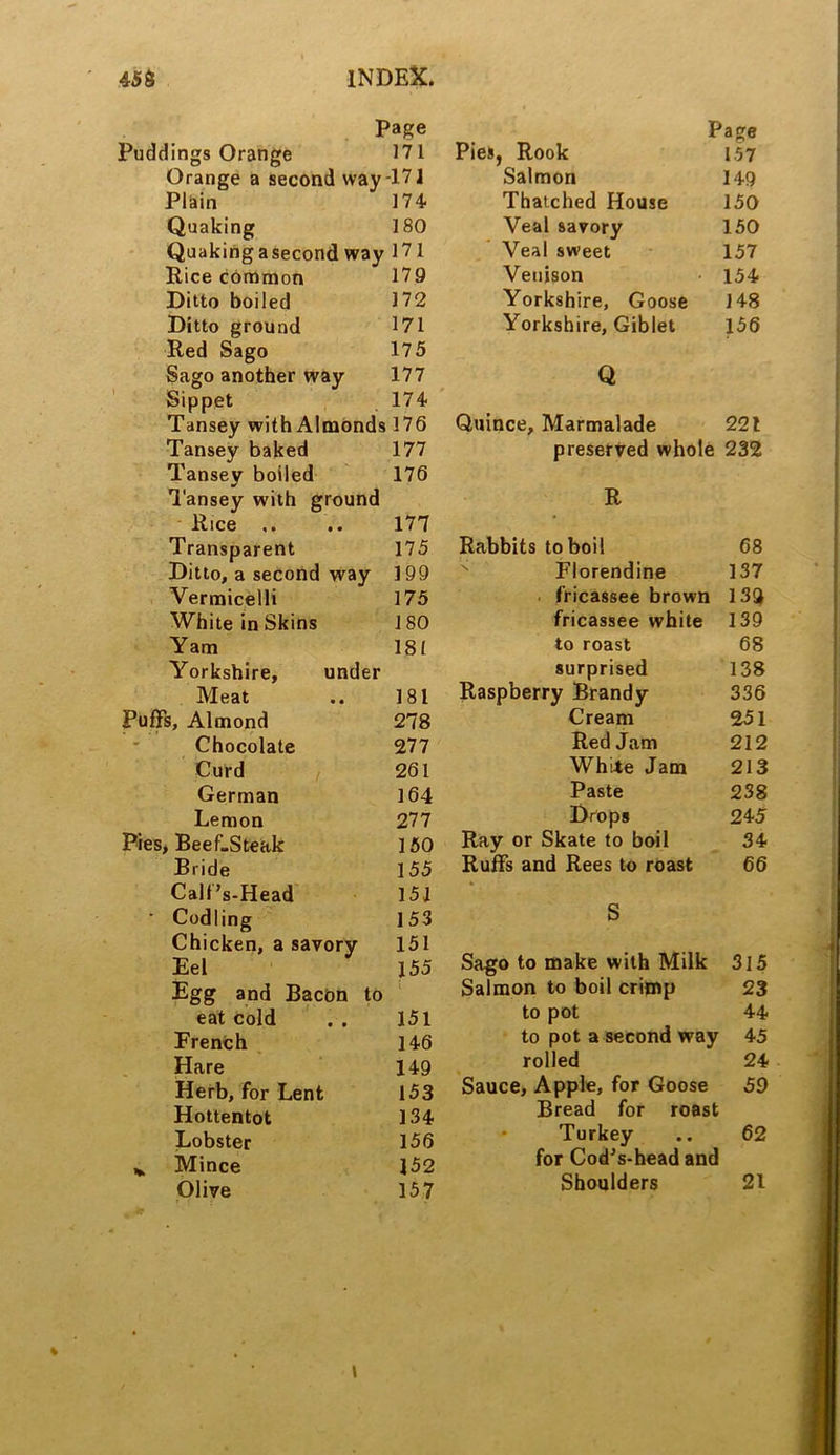 page Puddings Orange 171 Orange a second way -171 Plain 174- Quaking 180 Quaking asecond way 171 Rice common 179 Ditto boiled 172 Ditto ground 171 Red Sago 175 Sago another way 177 Sippet 174 Tansey withAlmonds 176 Tansey baked 177 Tansey boiled 176 Tansey with ground Rice .. .. 177 Transparent 175 Ditto, a second way 199 Vermicelli 175 White in Skins 180 Yam 181 Yorkshire, under Meat .. 181 Puffs, Almond 278 Chocolate 277 Curd 261 German 164 Lemon 277 Pies, Beef»Steak 150 Bride 155 Calf’s-Head 151 ' Codling 153 Chicken, a savory 151 Eel 155 Egg and Bacon to eat cold .. 151 French 146 Hare 149 Herb, for Lent 153 Hottentot 134 Lobster 156 * Mince 152 Olive 157 Page Pies, Rook Salmon 157 149 Thatched House 150 Veal savory 150 Veal sweet 157 Venison 154 Yorkshire, Goose 148 Yorkshire, Giblet 156 Q Quince, Marmalade 221 preserved whole 232 R Rabbits to boil 68 Florendine 137 fricassee brown 138 fricassee white 139 to roast 68 surprised 138 Raspberry Brandy 336 Cream 251 Red Jam 212 While Jam 213 Paste 238 Drops 245 Ray or Skate to boil 34 Ruffs and Rees to roast 66 S Sago to make with Milk 315 Salmon to boil crimp 23 to pot 44 to pot a second way 45 rolled 24 Sauce, Apple, for Goose 59 Bread for roast Turkey 62 for Cod’s-head and Shoulders 21 \