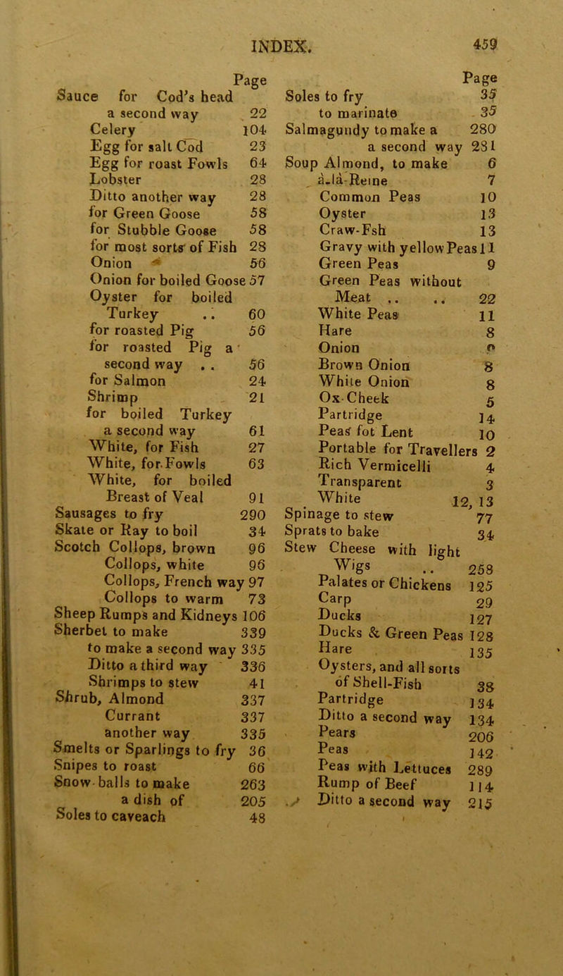 Page Page ce for Cod's head Soles to fry 35 a second way 22 to marinate 35 Celery 104 Salmagundy to make a 280 Egg for salt Cod 23 a second way 281 Egg for roast Fowls 64 Soup Almond, to make 6 Lobster 28 a_la-Reme 7 Ditto another way 28 Common Peas 10 lor Green Goose 58 Oyster 13 for Stubble Goose 58 Craw-Fsh 13 lor most sorts of Fish 28 Gravy with yellow Peas 11 Onion 56 Green Peas 9 Onion for boiled Goose 57 Green Peas without Oyster for boiled Meat .. 22 Turkey 60 White Peas 11 for roasted Pig 56 Hare 8 for roasted Pig a Onion 0 second way 56 Brown Onion 8 for Salmon 24 White Onion 8 Shrimp 21 Ox Cheek 5 for boiled Turkey Partridge 14 a second way 61 Peas fot Lent IO White, for Fish 27 Portable for Travellers 2 White, for.Fowls 63 Rich Vermicelli 4 White, for boiled Transparent 3 Breast of Veal 91 White 12, 13 Sausages to fry 290 Skate or Ray to boil 34- Scotch Collops, brown 96 Collops, white 96 Collops, French way 97 Collops to warm 73 Sheep Rumps and Kidneys 106 Sherbet to make 339 to make a second way 335 Ditto a third way 336 Shrimps to stew 41 Shrub, Almond 337 Currant 337 another way 335 Smelts or Sparlings to fry 36 Snipes to roast 66 Snow balls to make 263 a dish of 205 Soles to caveach 48 opinage to stew 77 Sprats to bake 34 Stew Cheese with light Wigs .. 258 Palates or Chickens 125 Carp 29 Ducks ]27 Ducks & Green Peas 128 Hare Oysters, and all sorts of Shell-Fish Partridge Ditto a second way 134 Pears 206 Peas J42 Peas with Lettuces 289 Rump of Beef 114 ./ Ditto a second way 215 135 38 134
