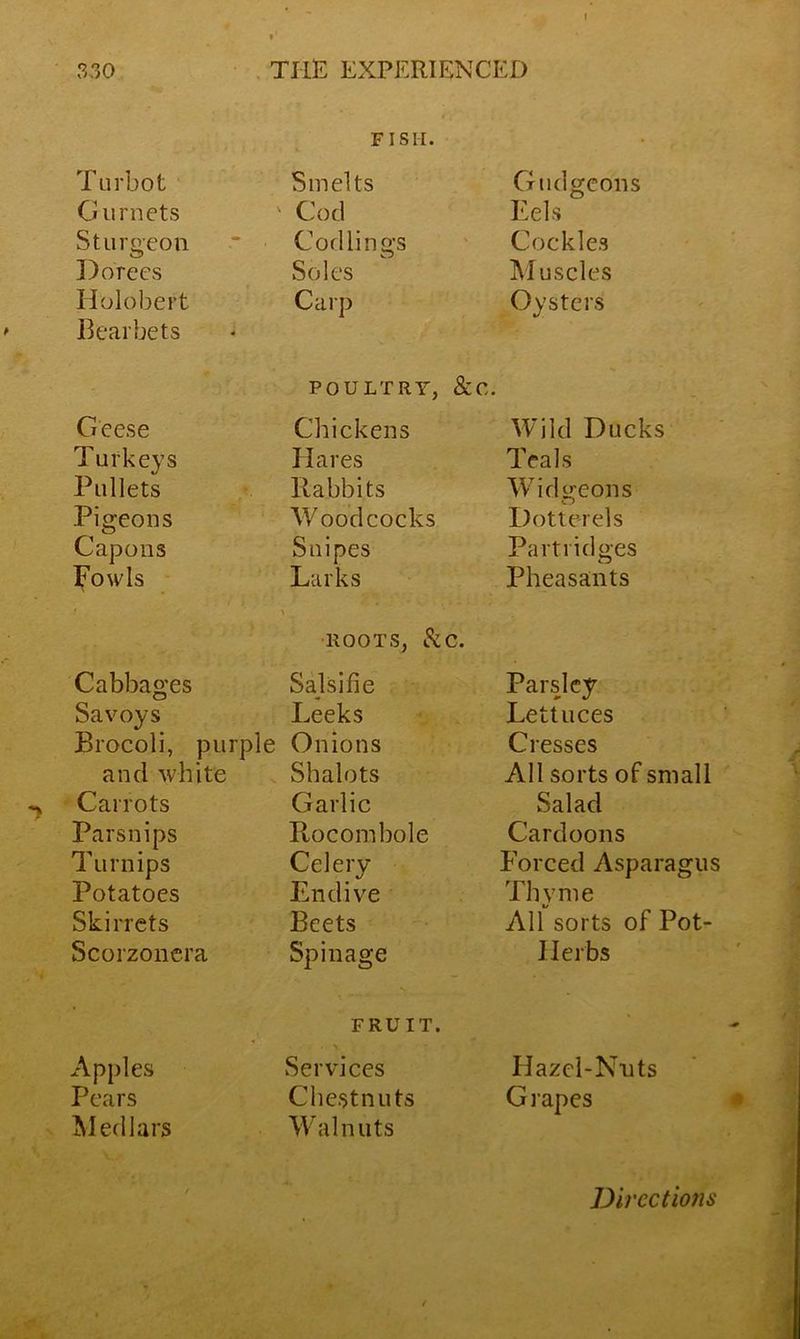 FISII. Turbot Smelts Gudgeons Gu rnets ' Cod Eels Sturgeon Codlings Cockles Dorees Soles Muscles Holobert Carp Oysters Bearbets * POULTRY, &c. Geese Chickens Wild Ducks Turkeys Hares Teals Pullets Rabbits Widgeons Pigeons Woodcocks Dotterels Capons Snipes Partridges Fowls Larks Pheasants roots, &c. Cabbages Salsifie Parsley- Savoys Leeks Lettuces Brocoli, purple Onions Cresses and white Shalots All sorts of small Carrots Garlic Salad Parsnips Ptocombole Cardoons Turnips Celery- Forced Asparagus Potatoes Endive Thyme Skirrets Beets All sorts of Pot- Scorzoncra Spinage Herbs Apples Pears Medlars FRUIT. • v Services Hazel-Nuts Chestnuts Grapes Wain uts Directions
