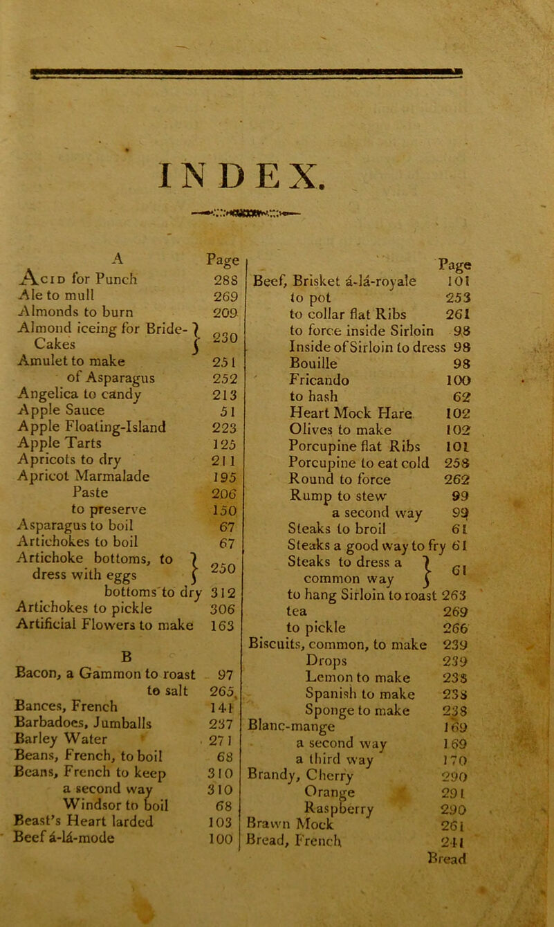 s INDE X. A Page Aci d for Punch 28S Ale to mull 269 Almonds to burn 209 Almond iceing for Bride- 1 non Cakes j 2j0 Amulet to make 251 of Asparagus 252 Angelica to candy 213 Apple Sauce 51 Apple Floating-Island 223 Apple Tarts 125 Apricots to dry 211 Apricot Marmalade 195 Paste 206 to preserve 150 Asparagus to boil 67 Artichokes to boil 67 Artichoke bottoms, to 7 dress with eggs £ bottoms'to dry 312 Artichokes to pickle 306 Artificial Flowers to make 163 B Bacon, a Gammon to roast 97 to salt 265, Bances, French 141 Barbadoes, Jumballs 237 Barley Water .271 Beans, French, to boil 68 Beans, French to keep 3 10 a second way 3 10 Windsor to boil 68 Beast’s Heart larded 103 Beef&-te-mode 100 250 Page Beef, Brisket a-la-royale 101 to pot 253 to collar flat Ribs 261 to force inside Sirloin 98 Inside of Sirloin to dress 98 Bouille 98 Fricando 100 to hash 62 Heart Mock Hare 102 Olives to make 102 Porcupine flat Ribs 101 Porcupine to eat cold 258 Round to force 262 Rump to stew 99 a second way 9Sf Steaks to broil 61 Steaks a good way to fry 61 Steaks to dress a 7 common way j to hang Sirloin to roast 263 tea 269 to pickle 266 Biscuits, common, to make 239 Drops 239 Lemon to make 23S Spanish to make 23S Sponge to make 238 Blanc-mange 169 a second way 1 69 a third way 170 Brandy, Cherry 290 Orange 291 Raspberry 290 Brawn Mock 261 Bread, French 211 Bread