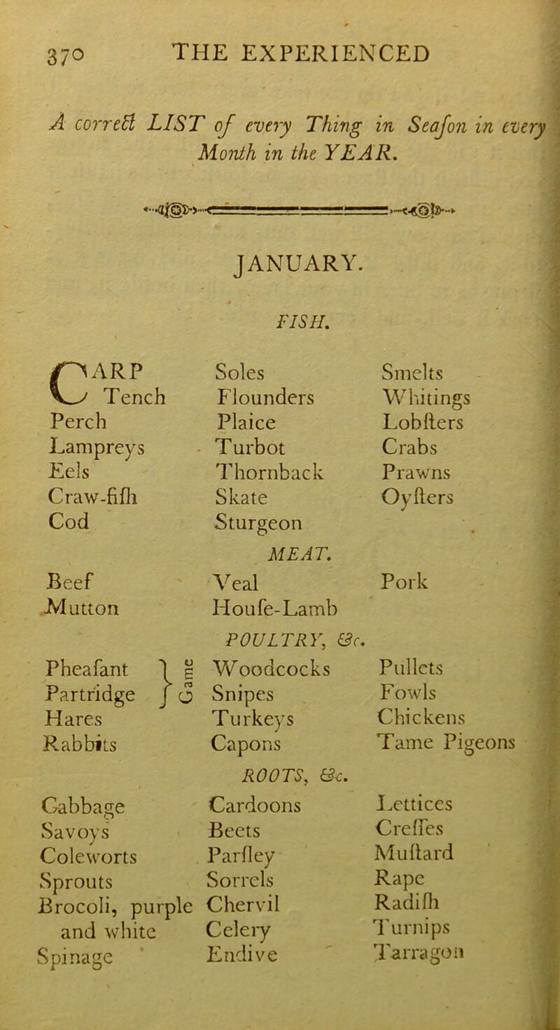 A correct LIST of every Thing in Seajon in every Month in the YEAR. V ■ ■' —— f^AR? V_y Tench JANUARY. FISH. Soles Smelts Flounders Whitings Perch Plaice Lobfters Lampreys • Turbot Crabs Eels Thornback Prawns Craw-fifh Skate Oyfters Cod Sturgeon . Beef MEAT. Veal Pork -Mutton Pheafant 1 O 6 Houfe-Lamb POULTRY, &c. Woodcocks Pullets Partridge J a o Snipes Fowls Hares Turkeys Chickens Rabbits Capons Tame Pigeons Cabbage ROOTS, &c. Cardoons I.ettices Savoys Beets CrefTes Coleworts Parfley Mu Hard iSprouts Sorrels Rape Brocoli, purple Chervil Radilli and white Celeiy Turnips Spinage Endive 7arragoii