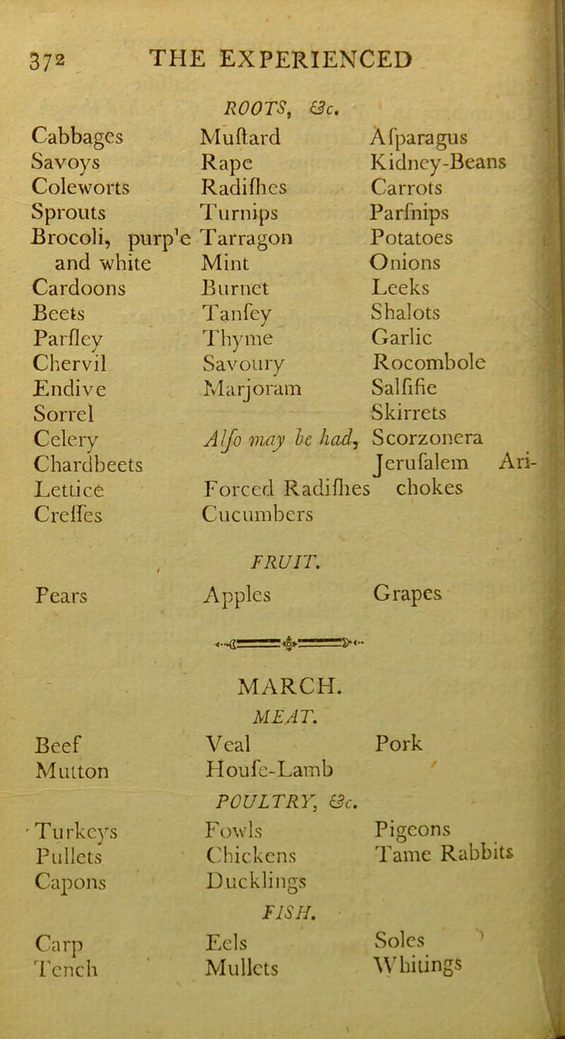 Cabbages ROOTS, &c. Mu Hard Afparagus Savoys Rape Kidney-Beans Coleworts Radiflies Carrots Sprouts Turnips Parfnips Brocoli, purp’e Tarragon Potatoes and white Mint Onions Cardoons Burnet Leeks Beets T anfey Shalots Parfley Thyme Garlic Chervil Savoury Rocombole Endive Marjoram Salfifie Sorrel Skirrets Celery Affo may he had. Scorzonera Chardbeets Terufalem Ari Lettice Forced Radiflies chokes Crclfes Cucumbers t FRUIT. Pears Apples Grapes Beef MARCH. MEAT. Veal Pork Mutton Houfe-Lamb ' Turkeys POULTRY, &c. Fowls Pigeons Pullets Chickens Tame Rabbits Capons Ducklings Carp FISH. Eels Soles ^ Tench Mullets Whitings