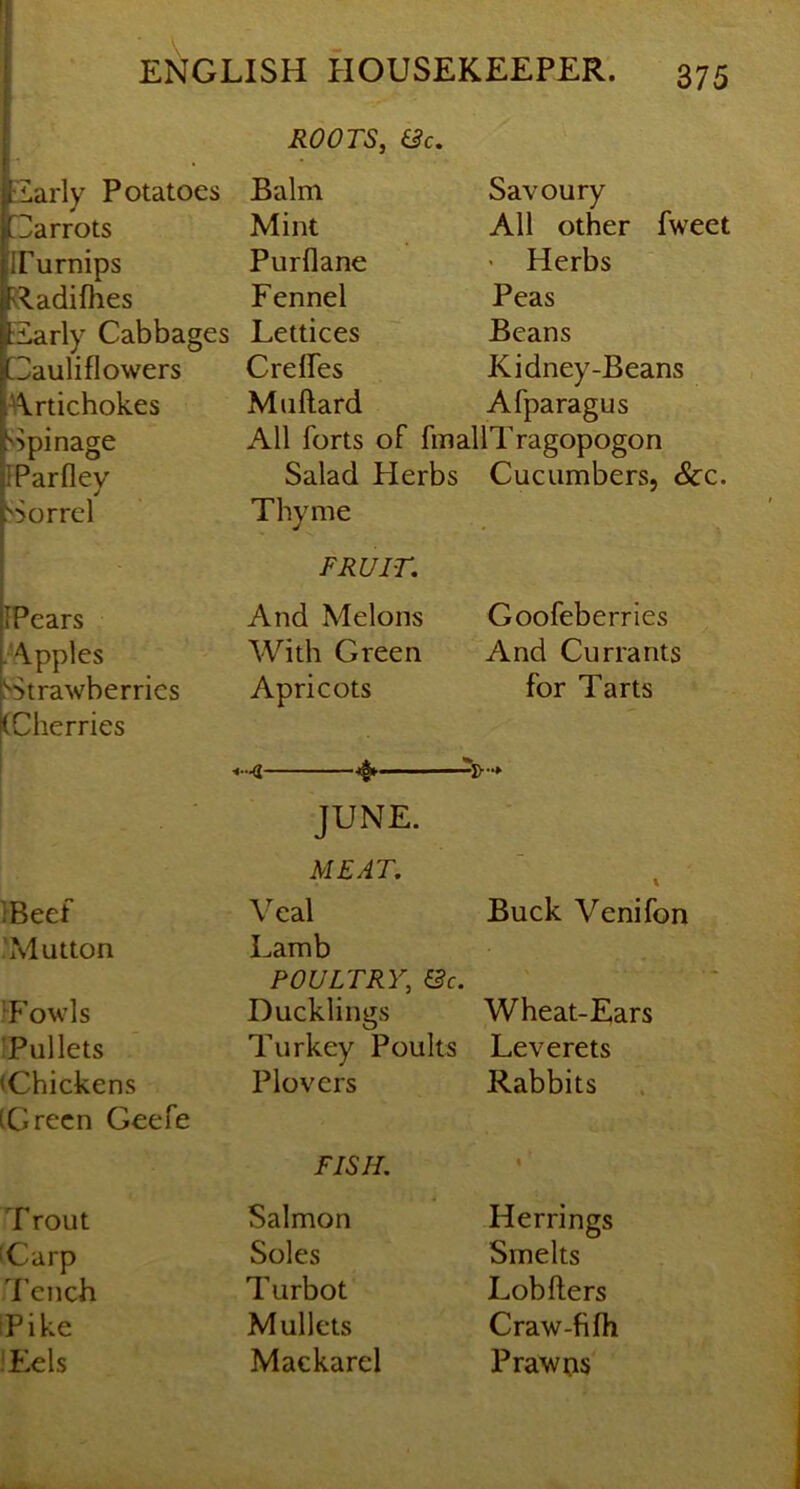 Early Potatoes Earrots IFurnips Radiihes [Early Cabbages Cauliflowers 'Wrtichok.es s^pinage FParfley Eorrel FPears Wpples SStrawberries (Cherries IBeef .'Mutton 'Fowls Pullets (Chickens ICrecn Geefe Trout (Carp 7’ench Tike ROOTS, &c. Balm Savoury Mint All other fweet Purflane ' Herbs Fennel Peas Lettices Beans Crefles Kidney-Beans Milliard Afparagus All forts of fmallTragopogon Salad Herbs Cucumbers, See. Thyme ■ . FRUIT, And Melons Goofeberries With Green And Currants Apricots for Tarts 4^ ^ JUNE. MEAT. \ Veal Buck Venifon Lamb POULTRY, &c. Ducklings Wheat-Ears Turkey Poults Leverets Plovers Rabbits FISH. 1 Salmon Herrings Soles Smelts Turbot Lobllers Mullets Craw-fifli