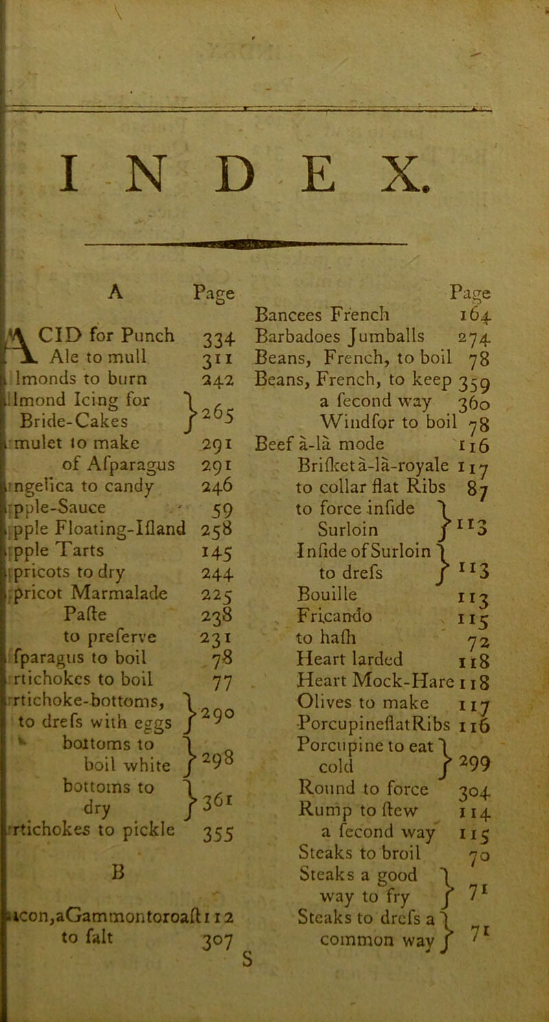I N D E X. Page V CID for Punch 334 Ale to mull 311 Imonds to burn 24.2 Imond Icing for \ Bride-Cakes J ^ mulct to make 291 of Afparagus 291 tngelica to candy 246 rpple-Sauce ' 59 ipple Floating-Ifland 25B rpple Tarts 145 fpricots to dry 244 fpricot Marmalade 225 Pafle 238 to preferve 231 '.fparagiis to boil 78 irtichokcs to boil 77 rrtichoke-bottoms, 1 to drefs with eggs j ^9® ^ bojttoms to 1 boil white bottoms to 1 , dry 136' rrtichokes to pickle 355 B ucon,aGammontoroaft 112 to fait 307 Page Bancees French 164 Barbadoes Jumballs 274 Beans, French, to boil 78 Beans, French, to keep 35^ a fecond way 360 Wiiidfor to boil 78 Beef a-la mode I16 Briflceta-la-royale I17 to collar flat Ribs 87 to force infide 'I Surloin Infide of Surloin I to drefs J ^^3 Bouille Frlcando . to hafh ' 72 Heart larded 118 Heart Mock-Hare 118 Olives to make 117 PorcupineflatRibs 116 Porcupine to eat I cold J ^99 Round to force 304 Rump to flew 114 a fecond way 115 Steaks to broil 70 Steaks a good \ way to fry j 7* Steaks to drefs a 1 common way j