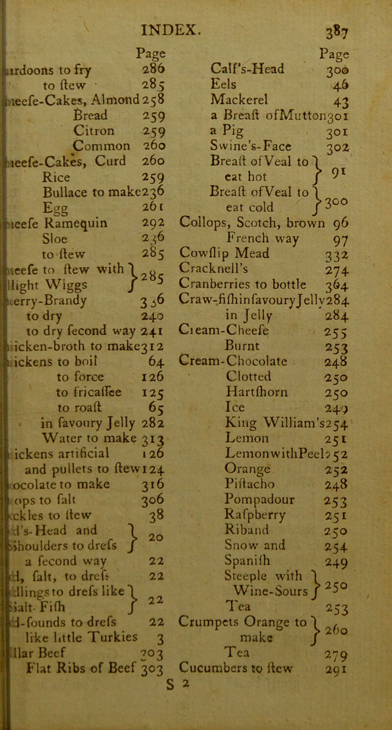 Page ardoons to fry 286 to ftew • 285 neefe-Cakes, Almond 258 Bread 259 V INDEX. Calfs-Head Eels Mackerel 3^7 Page 300 46 43 Citron 259 a Pig 301 Common 260 Swine’s-Face 302 neefe-Cakes, Curd 260 Bread ofVeal to' L nr' Rice 259 cat hot r Bullace to make236 Bread: ofVeal to' Egg 261 eat cold >300 neefe Ramequin 292 Collops, Scotch, brown 96 Sloe 236 French way 97 to ftew 285 Cowflip Mead 332 ueefe to ftew with 0 Cracknell’s 274 Might Wiggs J > 2 05 Cranberries to bottle 364 kerry-Brandy Craw-fifliinfavouryJelly284 to dry 240 in Jelly 284 to dry fecond way 241 Cieam-Cheefe 255 li icken-broth to make3i2 Burnt 253 liickens to boil 64 Cream-Chocolate 248 to force 126 Clotted 250 to fricalfce 125 Hartfhorn 250 to roaft 65 Ice 249 Water to make 313 ickens artificial 126 and pullets to ftewi24 ocolate to make ops to fait vckles to Itew d’s-Head and ahoulders to drefs a fecond way d, fait, to drcfi dlingsto drefs likel dalt-Fifli / d-founds to drefs like little Turkles 3 illar Beef 303 Flat Ribs of Beef 303 } 316 306 38 20 22 22 22 22 Lemon 251 Lemon withPeeb 52 Orange 252 Pifiacho Pompadour Rafpberry Riband Snow and Spanilh Steeple with 1 Wine-Sours J ^5° Tea 253 Crumpets Orange to^ 248 253 251 250 254 249 make Tea Cucumbers to llcw 2 279 291