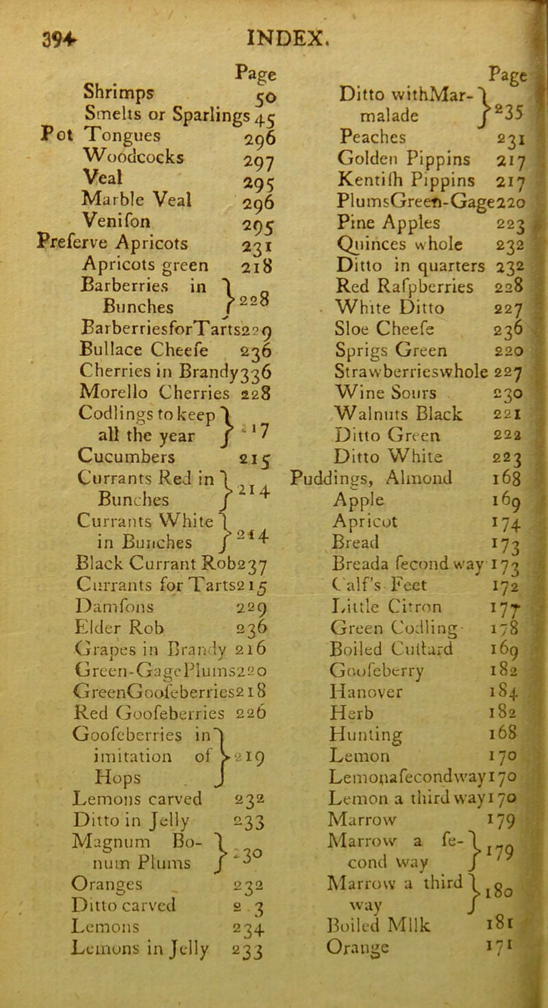 Page Shrimps Smelts or Sparlings 45 Pot Tongues 296 Woodcocks 207 Veal 295 Marble Veal 296 Venifon 295 Preferve Apricots 231 Apricots green 218 Barberries in \ Bunches ^228 BarberriesforTarts22 9 Bullace Cheefe 236 Cherries in Brandy336 Morello Cherries 228 Codlings to keep 1 all the year J * ^ Cucumbers 215 Currants Red in \ Bunches / ^ Currants White 1 in Bunches Black Currant Rob23y Ctirrants forTarts2i5 Damfons 229 P-ilder Rob 236 Grapes in Brandy 216 Green-Gage Pluins22o GreenGool'eberries218 Red Goofeberries 226 Goofeberries in'd imitation of >219 Hops J JLemons carved 232 Ditto in Jelly 233 Magnum Bo- \ . man Plums Oranges 232 Ditto carved 2 3 Lemons 234 Lemons in Jelly 233 Page Ditto withMar-\ f malade j®35 Peaches 231 ^ Golden Pippins 217 Kentilh Pippins 217 PlumsGreen-Gage22o Pine Apples 223 Qiiinces whole 232 Ditto in quarters 232 Red Rafpberries 228 White Ditto 227 Sloe Cheefs 236 Sprigs Green 220 Stravvberrieswhole 227 Wine Sours 230 Walnuts Black 221 Ditto Green 222 Ditto White 223 Puddin^js, Almond 168 Apple Apricot Bread i6r '9 174 . '73 Breada lecond way 173 C alf’s Feet 172 Little Citron 177- Green Codling 178 Boiled Cullard 169 Gcu;feberry 182 Hanover 184 Herb 182 Hunting 168 Lemon 170 Lemonafecondway 170 Lemon a third way 170 Marrow 179 Marrow a cond way / Marrow a ^hirdd way J Boiled Milk 181 Orange 17 ^ i