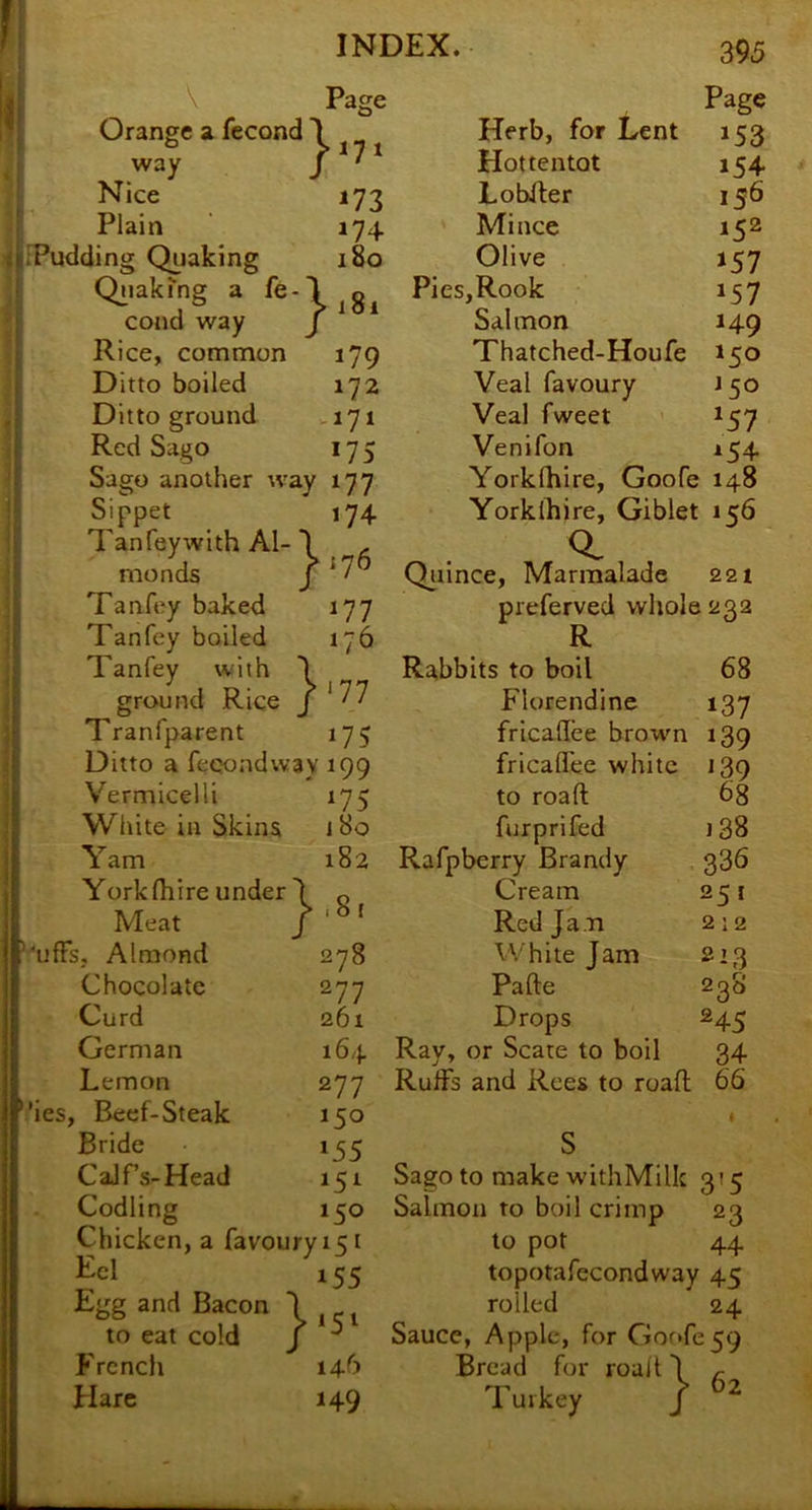 Page Page Orange a fecond Herb, for Lent »53 way j->7< Hottentot 154 Nice 173 Lobfter 156 Plain »74 Mince 152 FPudding Qiiaking 180 Olive 157 Q^iakmg a fe- i8i Pies,Rook 157 cond way X 1 0 1 Salmon 149 Rice, common 179 Thatched-Houfe 150 Ditto boiled 172 Veal favoury J50 Ditto ground iji Veal fweet ' 157 Red Sago 175 Venifon ^54 Sago another way 177 Yorklhire, Goofe : 148 Sippet 174 Yorkihire, Giblet : 156 Tan fey with Al- 1 L 1 a monds J ? iJO Quince, Marmalade 221 Ta nfey baked 177 preferved whole 232 Tanfey boiled 176 R Tanfey with Rabbits to boil 68 ground Rice J > 177 Florendine 137 Tranfparent 175 fricallee brown 139 Ditto a fecondwav too fricalTee white 139 Vermicelli ^75 to roaft 68 White in Skina 180 furprifed j38 Yam 182 Rafpberry Brandy 336 Yorklhire under 1 Q , Cream 251 Meat / '(Of Red Jam 2 12 ‘ufFs, Almond 278 White Jam 213 Chocolate 277 Pafte 238 Curd 261 Drops H5 German 164 Ray, or Scare to boil 34 Lemon 277 Rulfs and Rees to roafl 66 .'ies, Beef-Steak 150 • Bride 155 S CaJf’s-Head 151 Sago to make withMilk 3'5 Codling 150 Salmoti to boil crimp 23 Chicken, a favouryi5i to pot 44 Eel 155 topotafecondway 45 Egg and Bacon 3 t cf t rolled 24 to eat cold j Sauce, Apple, for C:»oofe co French 14-b Bread for roaJt \ Hare 149 Turkey / 02