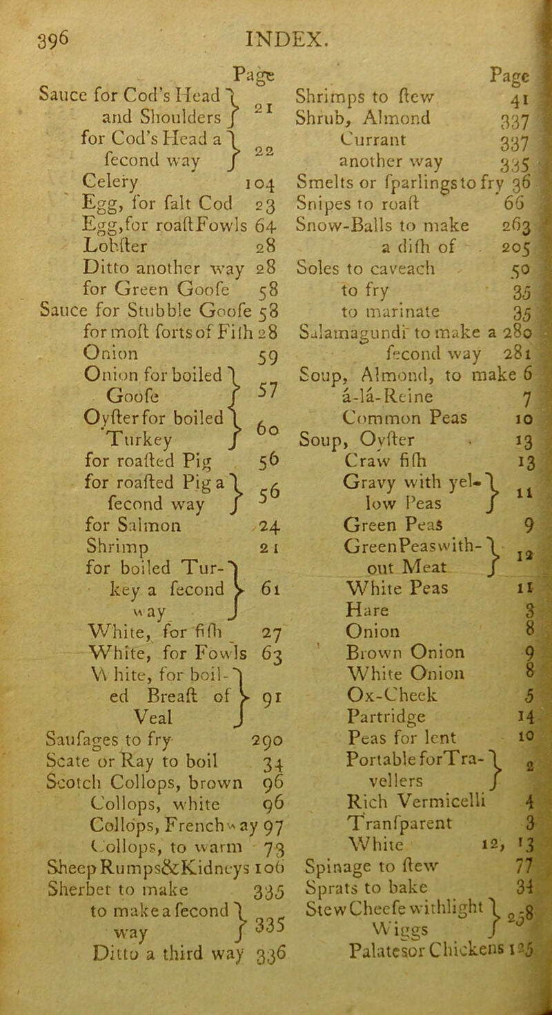 Page 21 22 Sauce for Cod’s Head \ and Shoulders j for Cod’s Plead a 'I fecond way J Celery 104 Egg, for fait Cod 23 Egg,for roaftFowls 64 Lobfter 28 Ditto another way 28 for Green Goofe 58 Sauce for Stubble Goofe 58 for moll forts of Fi ih 2 8 Onion Onion for boiled Goofe Oyfterfor boiled Turkey for roarted Pig for roalled Pig a fecond way for Salmon Shrimp for boiled Tur-^ key a fecond V ay. J White, for fifli White, for Fowls V\ bite, for boil- ed Breaft of Veal Saufages to fry 290 Scate or Ray to boil 34 Scotch Collops, brown 96 Collops, white 96 Collops, French' ay 97 C ollops, to warm 73 Sheep Rumps&Kidneys lob Sherbet to make 335 to make a fecond 1 way / 335 Ditto a third way 336 61 27 63 91 Page Shrimps to few 41 Shrub, Almond 337 Currant 337 another way 335 Smelts or fparlingsto fry 36 Snipes to road 66 Snow-Balls to make 263 a dilh of 205 Soles to caveach 50 to fry 33 to marinate 35 Salamagundi' to make a 280 fecond way 281 Soup, Almond, to make 6 a-la-Rfine 7 Common Peas jo Soup, Oyder 13 Craw filh 13 Gravy with yel- low Peas Green Peas 9 GreenPeaswith- \ out Meat J White Peas it Hare 3 Onion 8 ' Brown Onion 9 White Onion 8 Ox-Cheek 5 Partridge 14 Peas for lent 10 Portable forTra-'1 ^ vellers / Rich Vermicelli 4 Tranfparent 3 White 12, 13 Spinage to dew'’ 77 Sprats to bake 3-l StewCheefevvithlight 1 Wiggs / Palatcsor Chickens 125 ■} 11 12