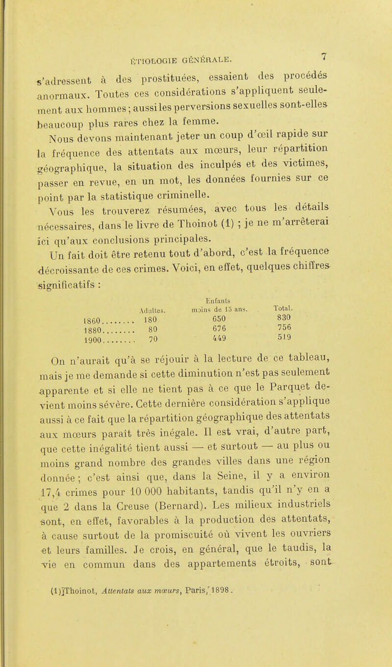 s'adressent à des prostituées, essaient des procédés anormaux. Toutes ces considérations s'appliquent seule- ment aux hommes ; aussi les perversions sexuelles sont-elles beaucoup plus rares chez la femme. Nous devons maintenant jeter un coup d'œil rapide sur la fréquence des attentats aux mœurs, leur répartition géographique, la situation des inculpés et des victimes, passer en revue, en un mot, les données fournies sur ce point par la statistique criminelle. Vous les trouverez résumées, avec tous les détails nécessaires, dans le livre de Thoinot (1) ; je ne m'arrêterai ici qu'aux conclusions principales. Un fait doit être retenu tout d'abord, c'est la fréquence décroissante de ces crimes. Voici, en effet, quelques chiffres significatifs : Enfants Vclulles. moins de 15 ans. Total. 1860 180 650 830 1880 80 676 756 1900 70 449 5)9 On n'aurait qu'à se réjouir à la lecture de ce tableau, mais je me demande si cette diminution n'est pas seulement apparente et si elle ne tient pas à ce que le Parquet de- vient moins sévère. Cette dernière considération s'applique aussi à ce fait que la répartition géographique des attentats aux mœurs parait très inégale. Il est vrai, d'autre part, que cette inégalité tient aussi — et surtout — au plus ou moins grand nombre des grandes villes dans une région donnée; c'est ainsi que, dans la Seine, il y a environ 17,4 crimes pour 10 000 habitants, tandis qu'il n'y en a que 2 dans la Creuse (Bernard). Les milieux industriels sont, en effet, favorables à la production des attentats, à cause surtout de la promiscuité où vivent les ouvriers et leurs familles. Je crois, en général, que le taudis, la vie en commun dans des appartements étroits, sont (l)]Thoinot, AtlerUats aux mœurs, Paris/ 1898.