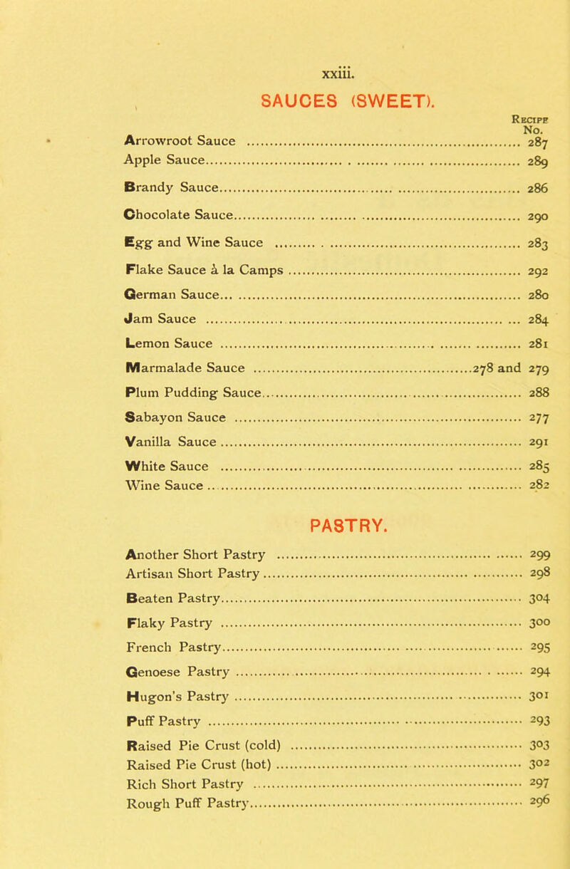 SAUCES (SWEET), Recipe No. Ar rowroot Sauce 287 Apple Sauce 289 Brandy Sauce 286 Chocolate Sauce 290 Egg and Wine Sauce 283 Flake Sauce k la Camps 292 German Sauce 280 Jam Sauce 284 Lemon Sauce 281 Marmalade Sauce 278 and 279 Plum Pudding Sauce 288 Sabayon Sauce 277 Vanilla Sauce 291 White Sauce 285 Wine Sauce 282 PASTRY. Another Short Pastry 299 Artisan Short Pastry 298 Beaten Pastry 304 Flaky Pastry 300 French Pastry 295 Genoese Pastry 294 Hugon’s Pastry 301 Puff Pastry 293 Raised Pie Crust (cold) 3°3 Raised Pie Crust (hot) 3°2 Rich Short Pastry 297 Rough Puff Pastrj' 296