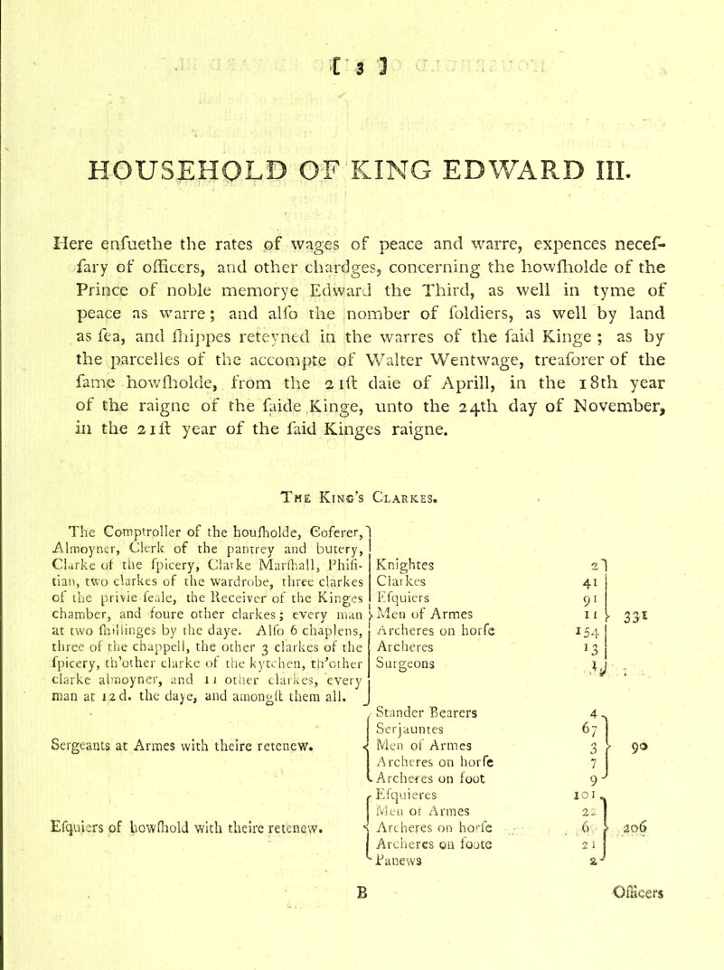 li ] HOUSEHOLD OF KING EDWARD III. Here enfuethe the rates of wages of peace and warre, expences necef- fary of officers, and other chardges, concerning the howfliolde of the Prince of noble memorye Edward the Third, as well in tyme of peace as warre; and alfo the noraber of foldiers, as well by land as fea, and fhippes reteyned in the warres of the laid Kinge ; as by the parcelles of the accompte of Walter Went wage, treaforer of the fame howfholde, from the 21ft dale of Aprill, in the 18th year of the raigne of the fajde Kinge, unto the 24th day of November* in the 21 If year of the faid Kinges raigne. The King’s Clarkes. The Comptroller of the houfholde, Coferer,' Almoyner, Clerk of the pantrey and butery, Clarke of the Ipicery, Clarke Marfhall, Phili- tian, two clarkes of the wardrobe, three clarkes of the privie feale, the Receiver of the Kinges chamber, and foure other clarkes; every man } at two fhiliinges by the daye. Alfo 6 chaplens, three of the chappell, the other 3 clarkes of the fpicery, th’other clarke of the kytchen, tif other clarke almoyner, and it other clarkes, every man at i2d. the daye, and among!! them all. > Men of Armes Archeres on horfe Knightes Clarkes Efquiers Archeres Surgeons 154 *3 Stander Bearers 4. 6? Sergeants at Au-mes with theire retenew. 3 ( 9o 7 9 J Efquiers of howfiiold with theire retenew. % Arch j Arch Efqu teres Men or Armes Archeres on horfe Archeres on foote Pa news