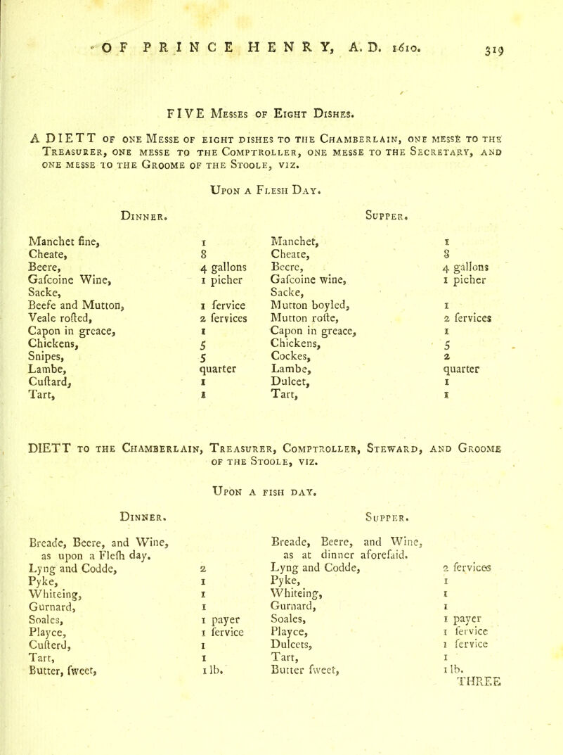 3*9 FIVE Messes of Eight Dishes. A DIETT of one Messe of eight dishes to the Chamberlain, one messe to the' Treasurer, one messe to the Comptroller, one messe to the Secretary, and one messe to the Groome of the Stoole, viz. Upon a Flesh Day. Dinner. Supper, Manchet fine, i Manchet, i Cheate, 8 Cheate, 8 Beere, 4 gallons Beere, 4 gallons Gafcoine Wine, Sacke, i picher Gafcoine wine, Sacke, i picher Beefe and Mutton, i fervice Mutton boyled. i Veale rolled, z fervices Mutton rode, 2 fervices Capon in greace. i Capon in greace. i Chickens, 5 Chickens, 5 Snipes, 5 Cockes, 2 Lainbe, quarter Lambe, quarter Cuftard, i Dulcet, i Tart, I Tart, X DIETT to the Chamberlain, Treasurer, Comptroller, Steward, and Groome of the Stoole, viz. Upon a fish day. Dinner. Supper. Breade, Beere, and Wine, Breade, Beere, and Wine, as upon a Flefh day. as at dinner aforefaid. Lyng and Codde, z Lyng and Codde, 2 fervices pyke, _ i Pyke, i Whiteing, i Whiteing, i Gurnard, i Gurnard, i Soales, i payer Soales, i payer Playce, i fervice Playce, i fervice Cufterd, i Dulcets, i fervice Tart, i Tart, i Butter, fwect, i lb. Butter fweet, i lb. THREE