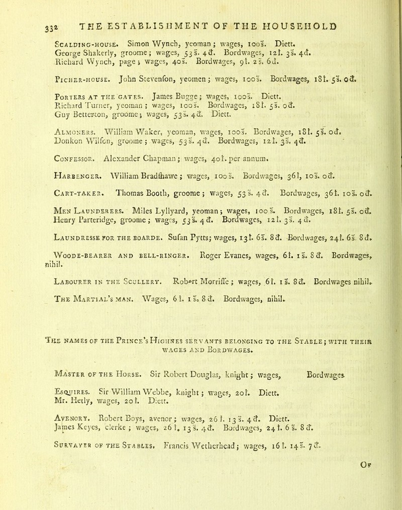 Scalding-house. Simon Wyncb, yeoman; wages, ioos. Diett. George Shakerly, groome; wages, 533.4a'. Bordwages, 12L 3s. 4d. Richard Wynch, page; W2ges, 40s. Bordwages, 9!. 2s. 6d. Picher-house. John Stevenfon, yeomen; wages, ioos. Bordwages, i81. 5s. od. Porters at the gates. James Bugge; wages, ioos. Diett. Richard Turner, yeoman; wages, ioos. Bordwages, iSt. 5s. od. Guy Betterton, groome; wages, 53s. 4^. Diett. Almoners. William Waker, yeoman, wages, ioos. Bordwages, 18L 5s. od. Donkon Wilfcn, groome; wages, 53s. ^d. Bordwages, 12I. 3s. ^d. Confessor. Alexander Chapman ; wages, 40 L per annum. Harbenger. William Bradlhawe ; wages, ioos. Bordwages, 361, 10s. od. Cart-taker. Thomas Booth, groome; wages, 53s. 4d. Bordwages, 36l.10s.0d. Men Launderers. Miles Lyllyard, yeoman; wages, ioos. Bordwages, 18L 5s. od, Henry Parteridge, groome; wages, 53 s. 4 d. Bordwages, 12!. 3 s. 4 d. Laundresse for the boarde. Sufan Pytts; wages, 13d. 6s. 8d. Bordwages, 24I. 6s. 8d. Woode-bearer and bell-ringer. Roger Evanes, wages, 61. is. 8 d. Bordwages, nihil. Labourer in the Scullery. Robert Mor rifle; wages, 61. is. 8d. Bordwages nihil. The Martial’s man. Wages, 61. ise8d. Bordwages, nihil. The names of the Prince’sHighnes servants belonging to the Stable; with their WAGES AND BoRDWAGES. Master of the Horse. Sir Robert Douglas, knight; wages, Bordwages- Esquires. Sir William Webbe, knight; wages, 201. Diett. Mr. Hetly, wages, 201. Diett. Avenory. Robert Boys, avenor; wages, 26 1. 13s. 4d. Diett. James Keyes, cierke ; wages, 26I. 13 s. 4d. Bordwages, 24 1. 6 s. 8 d. Survayer of the Stables, Francis Wetherhead; wages, 161. 14s. yd. Of