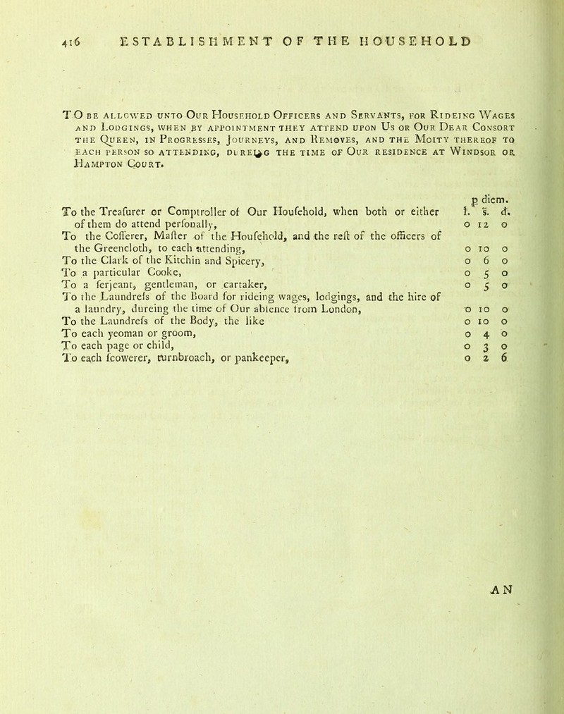 TO BE ALLOWED UNTO OuR HOUSEHOLD OFFICERS AND SERVANTS, FOR RlDEING WAGES and Lodgings, when by appointment they attend upon Us or Our Dear Consort the Queen, in Progresses, Journeys, and Removes, and the Moity thereof to EACH PERSON SO ATTENDING, Dl: RE^G THE TIME OF OuR RESIDENCE AT WINDSOR OR Hampton Court. To the Treafurer cr Comptroller of Our Houfehold, when both or either of them do attend perfonally. To the Cofferer, Maher of the Houfehold, and the reff of the officers of the Greencloth, to each 'attending, To the Clark of the Kitchin and Spicery, To a particular Cooke, To a ferjeant, gentleman, or cartaker. To the Laundrds of the Board for rideing wages, lodgings, and the hire of a laundry, dureing the time of Our ablence from London, To the Laundrefs of the Body, the like To each yeoman or groom, To each page or child, To each fcowerer, turn broach, or pankeeper. p diem. t. s. d. 0 12 0 0 IO 0 0 6 0 0 5 0 0 5 0 -0 10 0 0 IO 0 0 4 0 0 3 0 0 2 6 AN