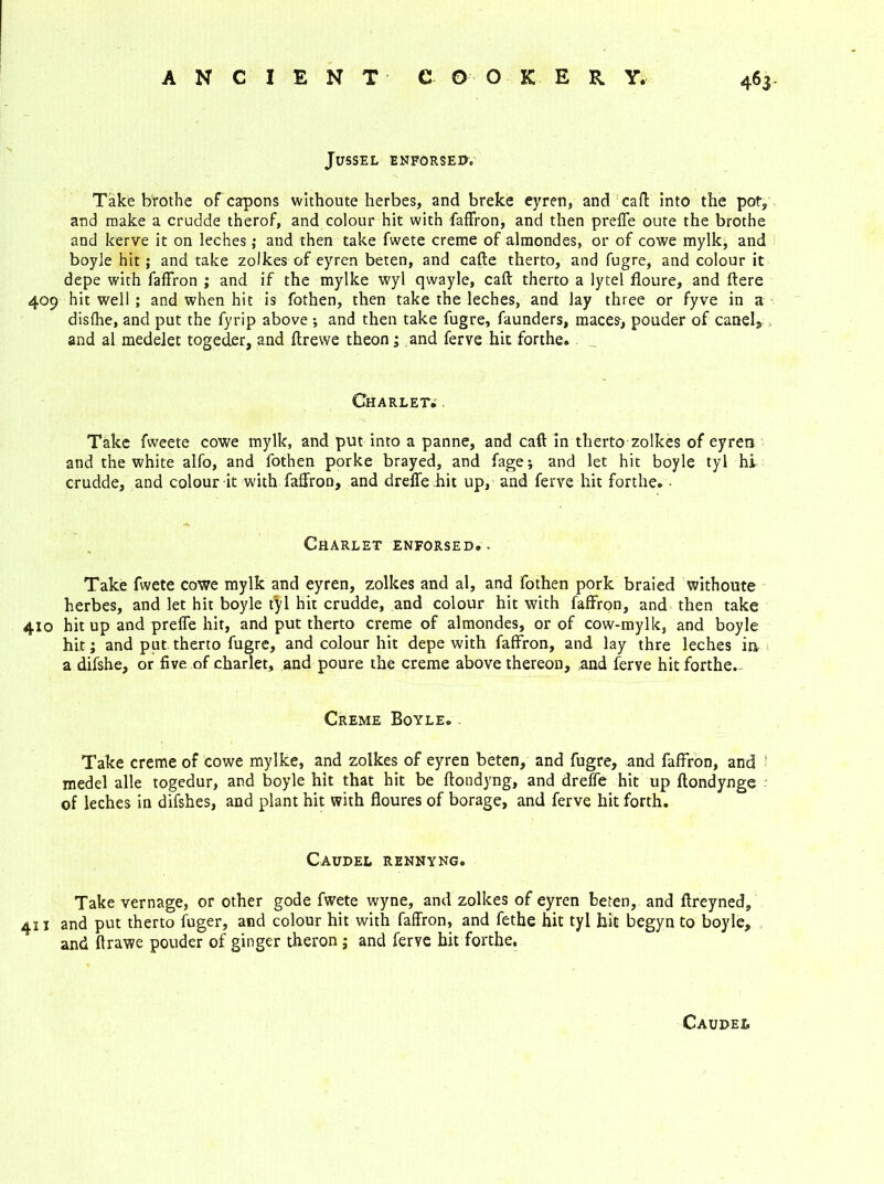 JUSSEL ENFORSED. Take brothe of capons withoute herbes, and breke eyren, and caft into the pot, and make a crudde therof, and colour hit with faffron, and then preffe oute the brothe and kerve it on leches; and then take fwete creme of almondes, or of cowe mylk, and boyle hit; and take zolkes of eyren beten, and cafte therto, and fugre, and colour it depe with faffron ; and if the mylke wyl qwayle, caft therto a lytel floure, and ftere 409 hit well ; and when hit is fothen, then take the leches, and lay three or fyve in a dislhe, and put the fyrip above ; and then take fugre, faunders, maces, ponder of canel, and al medeiet togeder, and ftrewe theon; and ferve hit forthe. Charletv . Take fweete cowe mylk, and put into a panne, and caft in therto zolkes of eyren and the white alfo, and fothen porke brayed, and fage*, and let hit boyle tyl hi crudde, and colour it with faffron, and dreffe hit up, and ferve hit forthe. • Charlet enforsed. - Take fwete cowe mylk and eyren, zolkes and al, and fothen pork braied withoute herbes, and let hit boyle t^l hit crudde, and colour hit with faffron, and then take 410 hit up and preffe hit, and put therto creme of almondes, or of cow-mylk, and boyle hit; and put therto fugre, and colour hit depe with faffron, and lay thre leches in a difshe, or five of charlet, and poure the creme above thereon, and ferve hit forthe.- Creme Boyle. Take creme of cowe mylke, and zolkes of eyren beten, and fugre, and faffron, and ! medel alle togedur, and boyle hit that hit be ftondyng, and dreffe hit up ftondynge of leches in difshes, and plant hit with floures of borage, and ferve hit forth. Caudel rennyng. Take vernage, or other gode fwete wyne, and zolkes of eyren beten, and ftreyned, 411 and put therto fuger, and colour hit with faffron, and fethe hit tyl hit begyn to boyle, and ftrawe pouder of ginger theron ; and ferve hit forthe. Caudel