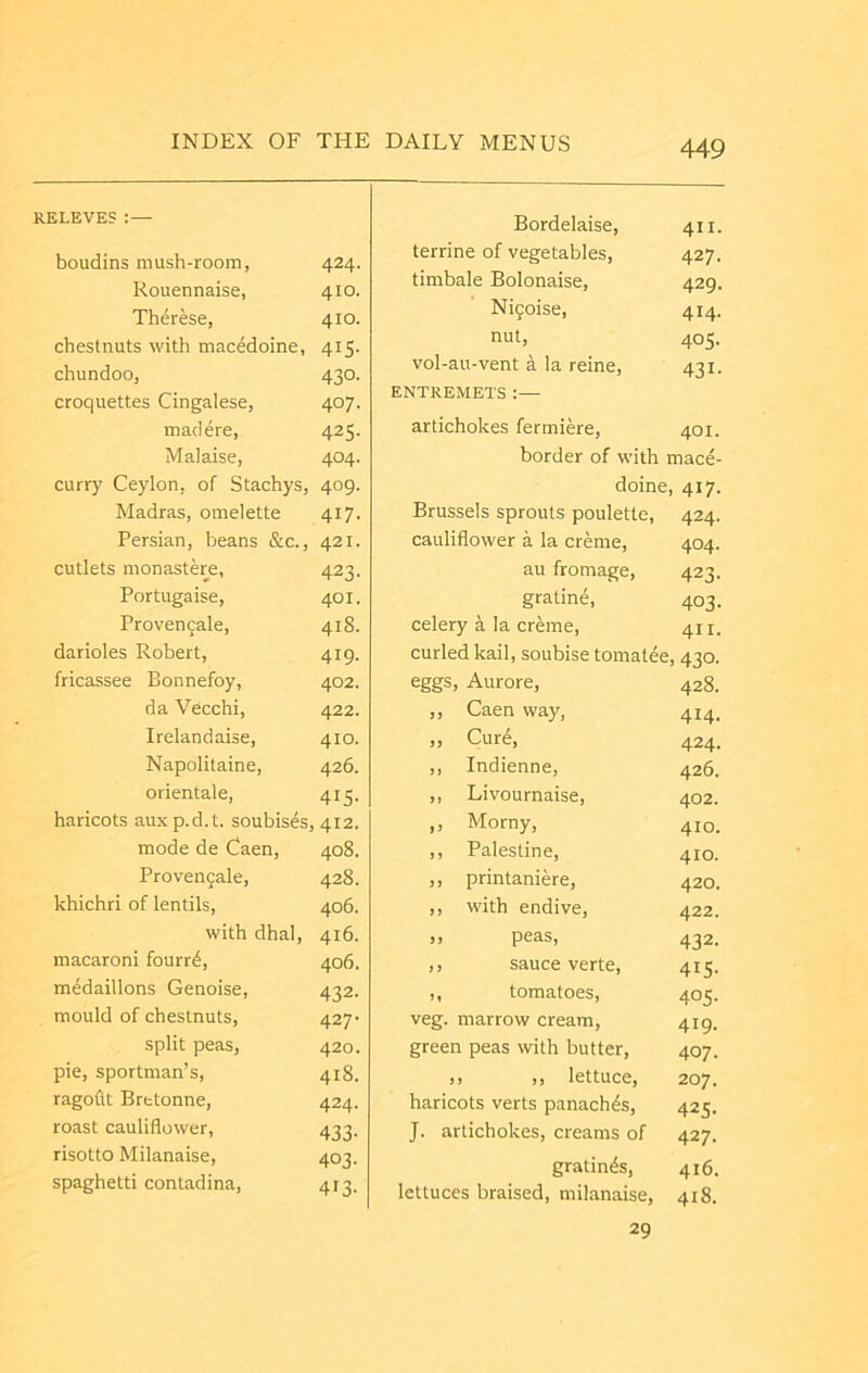 RELEVES:— boudins mush-room, 424. Rouennaise, 410. Therese, 410. chestnuts with macedoine, 415. chundoo, 430. croquettes Cingalese, 407. maclere, 425. Malaise, 404. curry Ceylon, of Stachys, 409. Madras, omelette 417. Persian, beans &c., 421. cutlets monastere, 423. Portugaise, 401. Provencale, 418. darioles Robert, 419. fricassee Bonnefoy, 402. da Vecchi, 422. Irelandaise, 410. Napolitaine, 426. orientale, 413. haricots auxp.d.t. soubises, 412. mode de Caen, 408. Provengale, 428. khichri of lentils, 406. with dhal, 416. macaroni fourth, 406. medaillons Genoise, 432. mould of chestnuts, 427- split peas, 420. pie, sportman’s, 418. ragoftt Bretonne, 424. roast cauliflower, 433. risotto Milanaise, 403. spaghetti contadina, 413. Bordelaise, 411. terrine of vegetables, 427. timbale Bolonaise, 429. Ni9oise, 414. nut, 405. vol-au-vent a la reine, 431. ENTREMETS :— artichokes fermiere, 401. border of with mace- doine, 417. Brussels sprouts poulette, 424. cauliflower a la creme, 404. au fromage, 423. gratine, 403. celery a la creme, 411. curled kail, soubise tomatee, 430. eggs, Aurore, 428. ,, Caen way, 414, „ Cure, 424. ,, Indienne, 426. ,, Livournaise, 402. ,, Morny, 410. ,, Palestine, 410. ,, printaniere, 420. ,, with endive, 422. j> peas, 432. ,, sauce verte, 415. ,, tomatoes, 405. veg. marrow cream, 419. green peas with butter, 407. ). ,) lettuce, 207. haricots verts panaches, 425. J. artichokes, creams of 427. gratings, 416. lettuces braised, milanaise, 418. 29