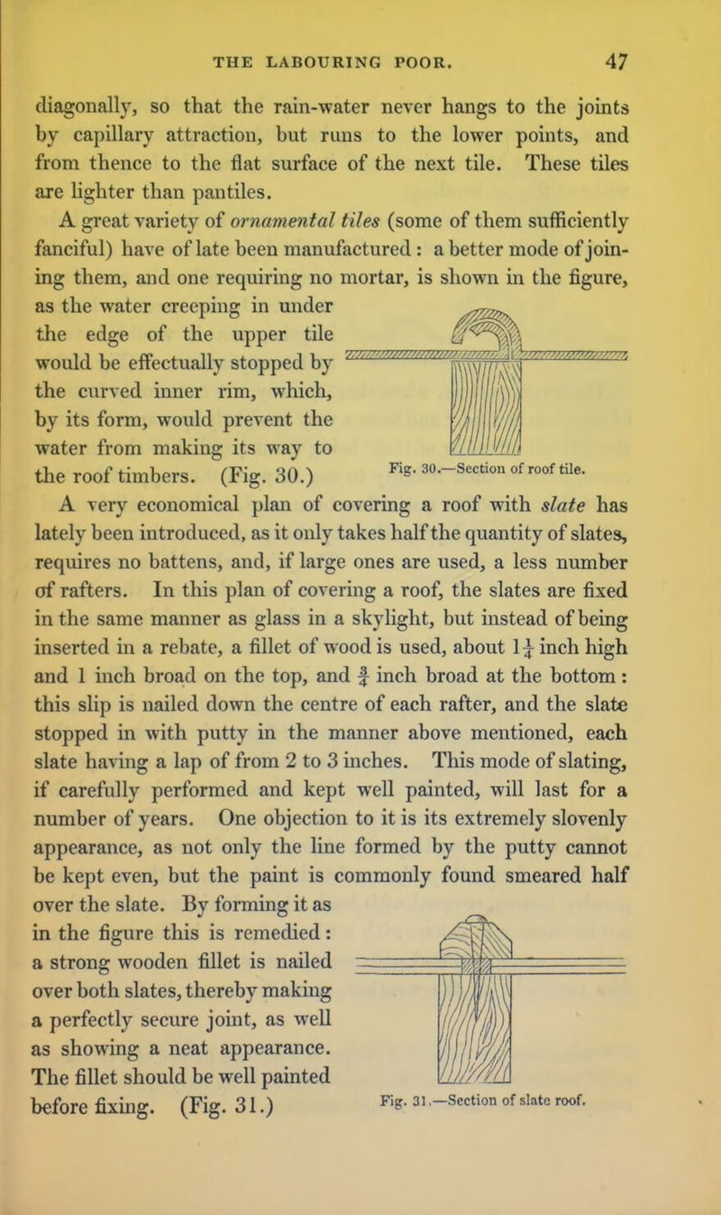 ■/:■.■■■■■■>.•/.■' — j±j 72Z2taB22B2& diagonally, so that the rain-water never hangs to the joints by capillary attraction, but runs to the lower points, and from thence to the flat surface of the next tile. These tiles are lighter than pantiles. A great variety of ornamental tiles (some of them sufficiently fanciful) have of late been manufactured : a better mode of join- ing them, and one requiring no mortar, is shown in the figure, as the water creeping in under the edge of the upper tile would be effectually stopped by the curved inner rim, which, by its form, would prevent the water from making its way to the roof timbers. (Fig. 30.) Fig. 30.-Section of roof tile. A very economical plan of covering a roof with slate has lately been introduced, as it only takes half the quantity of slates, requires no battens, and, if large ones are used, a less number of rafters. In this plan of covering a roof, the slates are fixed in the same manner as glass in a skylight, but instead of being inserted in a rebate, a fillet of wood is used, about 1^ inch high and 1 inch broad on the top, and f inch broad at the bottom : this slip is nailed down the centre of each rafter, and the slate stopped in with putty in the manner above mentioned, each slate having a lap of from 2 to 3 inches. This mode of slating, if carefully performed and kept well painted, will last for a number of years. One objection to it is its extremely slovenly appearance, as not only the line formed by the putty cannot be kept even, but the paint is commonly found smeared half over the slate. By forming it as in the figure this is remedied: a strong wooden fillet is nailed — over both slates, thereby making a perfectly secure joint, as well as showing a neat appearance. The fillet should be well painted before fixing. (Fig. 31.)