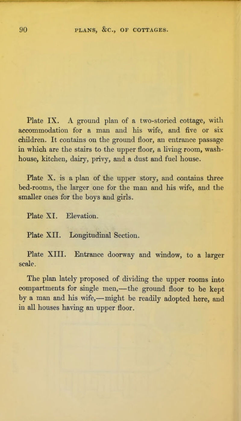 Plate IX. A ground plan of a two-storied cottage, with accommodation for a man and his wife, and five or six children. It contains on the ground floor, an entrance passage in which are the stairs to the upper floor, a living room, wash- house, kitchen, dairy, privy, and a dust and fuel house. Plate X. is a plan of the upper story, and contains three bed-rooms, the larger one for the man and his wife, and the smaller ones for the boys and girls. Plate XI. Elevation. Plate XII. Longitudinal Section. Plate XIII. Entrance doorway and window, to a larger scale. The plan lately proposed of dividing the upper rooms into compartments for single men,—the ground floor to be kept by a man and his wife,—might be readily adopted here, and in all houses having an upper floor.