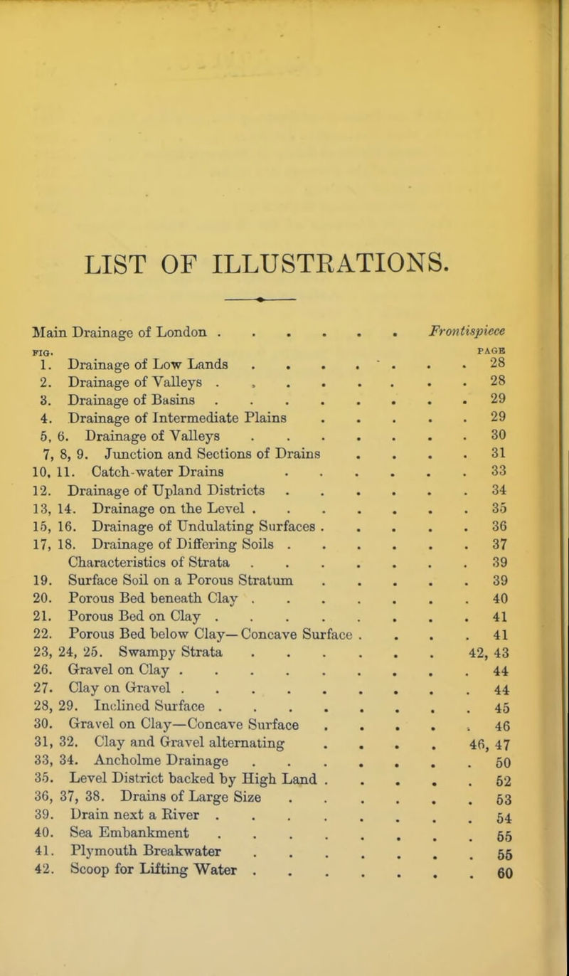 LIST OF ILLUSTRATIONS Main Drainage of London .... • Frontispiece PIG. 1. Drainage of Low Lands PAGE . 28 2. Drainage of Valleys .... . 28 3. Drainage of Basins .... . 29 4. Drainage of Intermediate Plains . 29 5, 6. Drainage of Valleys 30 7, 8, 9. Junction and Sections of Drains . 31 10, 11. Catch-water Drains . 33 12. Drainage of Upland Districts . 34 13, 14. Drainage on the Level . . 35 15, 16. Drainage of Undulating Surfaces . . 36 17, 18. Drainage of Differing Soils . . 37 Characteristics of Strata . 39 19. Surface Soil on a Porous Stratum . 39 20. Porous Bed beneath Clay . . 40 21. Porous Bed on Clay .... . 41 22. Porous Bed below Clay— Concave Surface 41 23, 24, 25. Swampy Strata 42, 43 26. Gravel on Clay ..... 44 27. Clay on Gravel ..... . 44 28, 29. Inclined Surface .... 45 30. Gravel on Clay—Concave Surface , 46 31, 32. Clay and Gravel alternating 46, 47 33, 34. Ancholme Drainage 50 35. Level District backed by High Land . . 52 36, 37, 38. Drains of Large Size . 53 39. Drain next a River .... . 54 40. Sea Embankment .... . 55 41. Plymouth Breakwater . 55 42. Scoop for Lifting Water . • • . 60