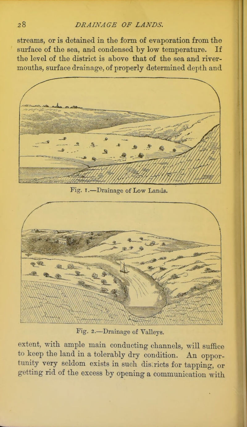 streams, or is detained in the form of evaporation from the surface of the sea, and condensed by low temperature. If the level of the district is above that of the sea and river- mouths, surface drainage, of properly determined depth and Fig. i •—Drainage of Low Lands. Fig. 2.—Drainage of Valleys. extent, with ample main conducting channels, will suffice to keep the land in a tolerably dry condition. An oppor- tunity very seldom exists in such dis.ricts for tapping, or getting rid of the excess by opening a communication with