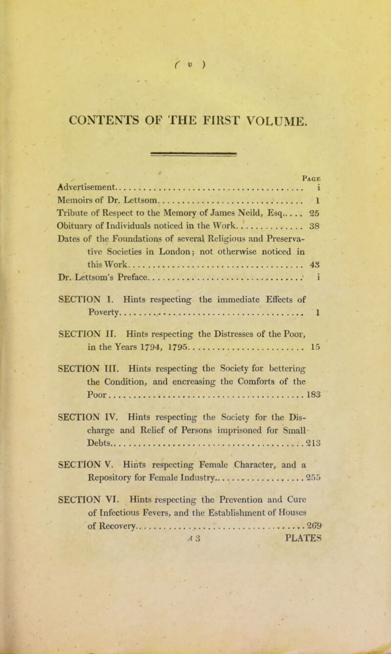 r « ) CONTENTS OF THE FIRST VOLUME. If Page Advertisement i Memoirs of Dr. Lettsom 1 Tribute of Respect to the Memory of James Neild, Esq 25 Obituary of Individuals noticed in the Work 38 Dates of the Foundations of several Religious and Preserva- tive Societies in London; not otherwise noticed in this Work 43 Dr. Lettsom’s Preface i SECTION I. Hints respecting the immediate Effects of / Poverty 1 SECTION II. Hints respecting the Distresses of the Poor, in the Years 1794, 1795 15 SECTION HI. Hints respecting the Society for bettering the Condition, and encreasing the Comforts of the Poor 183 SECTION IV. Hints respecting the Society for the Dis- charge and Relief of Persons imprisoned for Small- Debts 213 SECTION V. Hints respecting Female Character, and a Repository for Female Industry 255 SECTION VI. Hints respecting the Prevention and Cure of Infectious Fevers, and the Establishment of Houses of Recovery : 2G9 A 3 PLATES