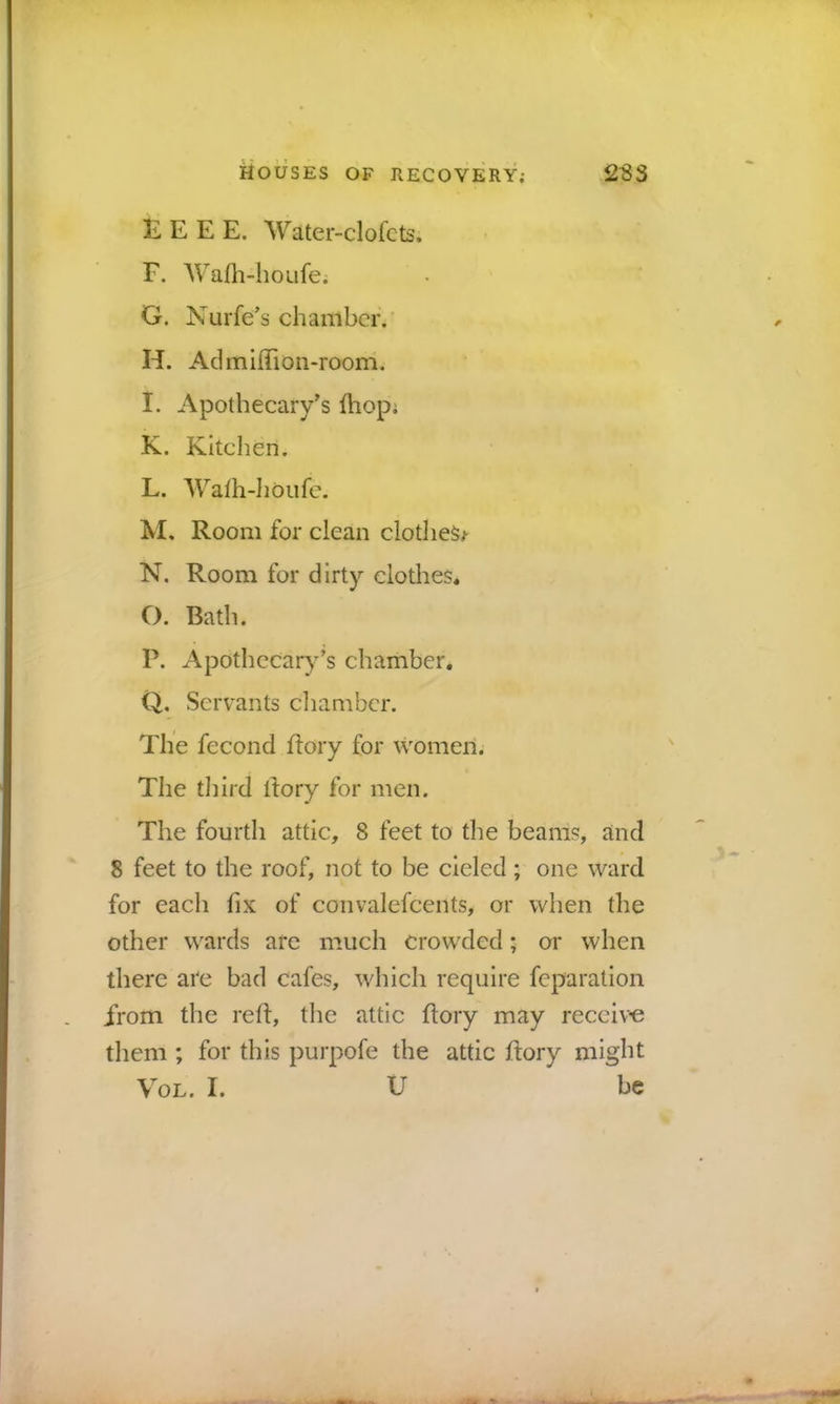 IL E E E. Water-clofcts. F. Wafli-lioLife; G. Nurfe’s chamber. H. Admiffion-room. I. Apothecary's fhopi K. Kitchen. L. AFalh-liOufc. M. Room for clean clothes^ N. Room for dirty clothes. O. Bath. P. Apothecary’s chamber, Q. Servants diamber. The fecond ftory for women. The third tlory for men. The fourth attic, 8 feet to the beams, and 8 feet to the roof, not to be cieled; one ward for each fix of convalefcents, or when the other wards are much crowded; or when there are bad cafes, which require feparation from the reft, the attic ftory may receive them ; for this purpofe the attic ftory might VoL. I. U be