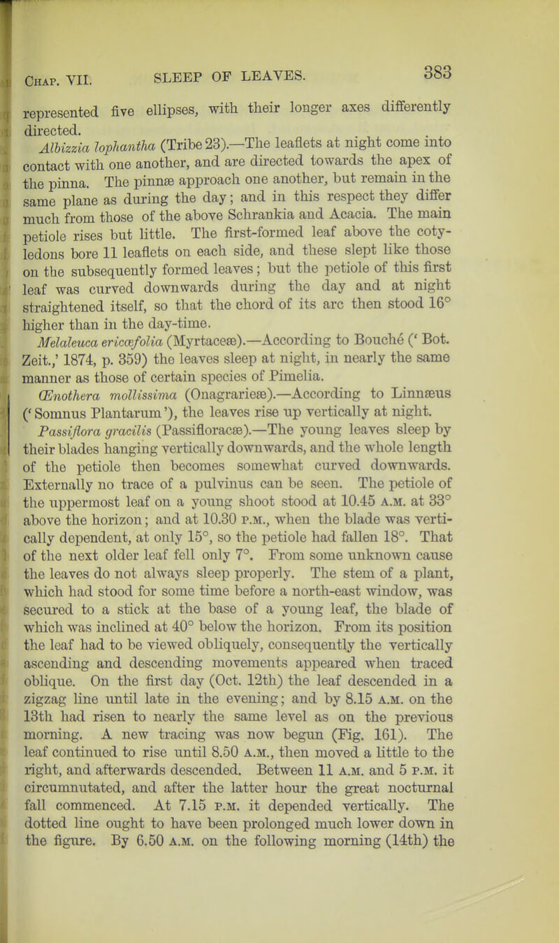 represented five ellipses, with their longer axes differently directed. Albizzia lophantha (Tribe 23).—The leaflets at night come mto contact with one another, and are directed towards the apex of the pinna. The pinnae approach one another, but remain in the same plane as dui-ing the day; and in this respect they differ much from those of the above Schrankia and Acacia. The main petiole rises but little. The iirst-formed leaf above the coty- ledons bore 11 leaflets on each side, and these slept like those on the subsequently formed leaves; but the petiole of this first leaf was curved downwards during the day and at night straightened itself, so that the chord of its arc then stood 16^ higher than in the day-time. Melaleuca ericcefolia (Myrtacese).—According to Bouche (' Bot. Zeit.,' 1874, p. 359) the leaves sleep at night, in nearly the same manner as those of certain species of Pimelia. (Enothera moUissirm (Onagrarieee).—According to Linnsens ('Somnus Plantarum'), the leaves rise up vertically at night. Passiflora gracilis (Passifloracse).—The young leaves sleep by their blades hanging vertically downwards, and the whole length of the petiole then becomes somewhat curved downwards. Externally no trace of a pulvinus can be seen. The petiole of the uppermost leaf on a young shoot stood at 10.45 a.m. at 38° above the horizon; and at 10.30 p.m., when the blade was verti- cally dependent, at only 15°, so the petiole had fallen 18°. That of the next older leaf fell only 7°. From some unknown cause the leaves do not always sleep properly. The stem of a plant, which had stood for some time before a north-east window, was secured to a stick at the base of a young leaf, the blade of which was inclined at 40° below the horizon. From its position the leaf had to be viewed obliquely, consequently the vertically ascending and descending movements appeared when traced oblique. On the first day (Oct. 12th) the leaf descended in a zigzag line until late in the evening; and by 8.15 a.m. on the 13th had risen to nearly the same level as on the previous morning. A new tracing was now begun (Fig. 161). The leaf continued to rise until 8.50 a.m., then moved a little to the right, and afterwards descended. Between 11 a.m. and 5 p.m. it circumnutated, and after the latter hour the great nocturnal fall commenced. At 7.15 p.m. it depended vertically. The dotted line ought to have been prolonged much lower down in the figure. By 6.50 a.m. on the following morning (14th) the