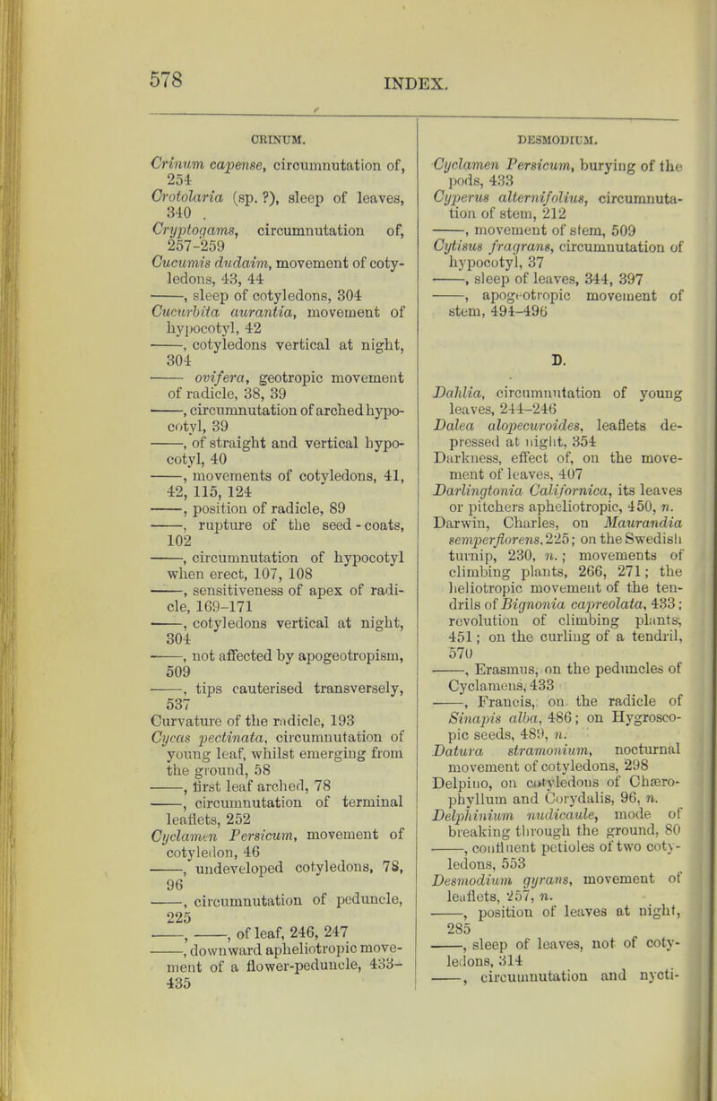 ^ CRINUM. Criiium capense, circumnutation of, 254 Crotolaria (sp, ?), sleep of leaves, 340 . Cryiitoqams, circumnutation of, 257-259 Cucumis dudaim, movement of coty- ledons, 43, 44 , sleep of cotyledons, 304 Cucurhita aurantia, movement of hy])Ocotyl, 42 , cotyledons vertical at night, 304 ovifera, geotropic movement of radicle, 38, 39 , circumnutation of arched hypo- cotyl, 39 , of straight and vertical hypo- cotyl, 40 , movements of cotyledons, 41, 42, 115, 124 , position of radicle, 89 , rupture of the seed - coats, 102 , circumnutation of hypocotyl when erect, 107, 108 , sensitiveness of apex of radi- cle, 169-171 , cotyledons vertical at night, 304 , not affected by apogeotropism, 509 , tips cauterised transversely, 537 Curvature of the radicle, 193 Gycas jiectinata, circumnutation of young leaf, whilst emerging from the giound, 58 , first leaf arclied, 78 , circumnutation of terminal leaflets, 252 Cijclamcn Persicum, movement of cotyledon, 46 , undeveloped cotyledons, 7S, 96 , circumnutation of peduncle, 225 , of leaf, 246, 247 , downward apheliotropic move- ment of a flower-peduncle, 433- 435 DESMODrUM. Cyclamen Persicum, burying of the pods, 433 Cyperus alternifolius, circumnuta- tion of stem, 212 , movement of stem, 509 Cytisus fragrans, circumnutation of hypocotyl, 37 , sleep of leaves, 344, 397 , apogi'Otropic movement of stem, 494-496 D. Dahlia, circumnutation of young leaves, 244-246 Dalea alopecuroides, leaflets de- pressed at night, 354 Darkness, eifect of, on the move- ment of leaves, 407 Darlingtonia Californica, its leaves or pitchers apheliotropic, 450, n. Darwin, Charles, on Maurandia semperflorens, 225; on the Swedisli turnip, 230, n.; movements of climbing plants, 266, 271; the heliotropic movement of the ten- drils of Bignonia capreolata, 433; revolution of climbing plants, 451; on the curling of a tendril, 571) , Erasmus, on the peduncles of Cyclamens, 433 , Francis,, on the radicle of Siiiapis alba, 486; on Hygrosco- pic seeds, 489, n. Datura stramonium, nocturnal movement of cotyledons, 298 Delpiiio, ou ca^lyledous of Chajro- phyllum and Corydalis, 96, n. Delphinium nudicaule, mode of breaking through the ground, 80 , continent petioles of two coty- ledons, 553 Desmodium gyraiis, movement of leaflets, 257, n. , position of leaves at night, 285 , sleep of leaves, not of coty- leilons, 314 , circumnutation and nycti- II