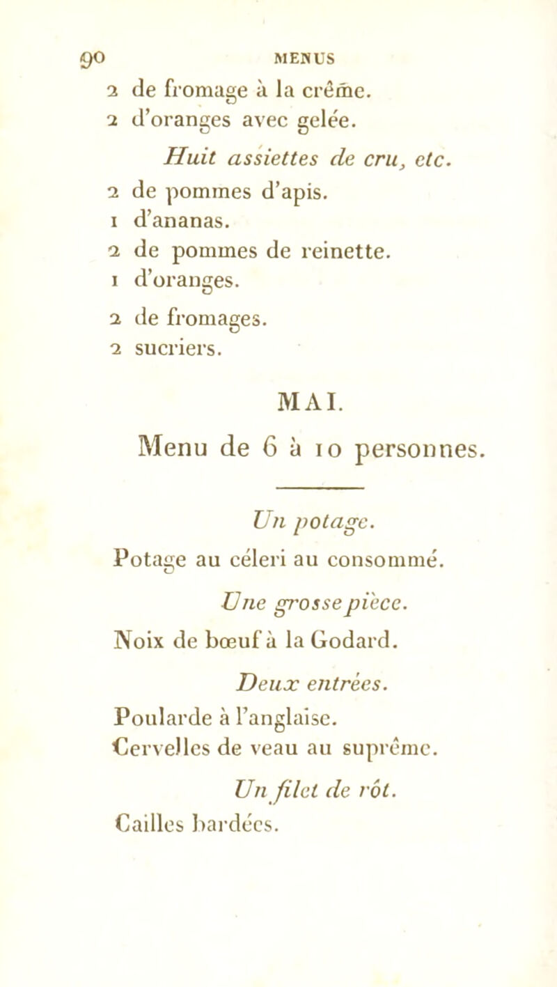 2 de fromage à la crème. 2 d’oranges avec gelée. Huit assiettes de cru, etc. 2 de pommes d’apis, i d’ananas. a de pommes de reinette. 1 d’oranges. 2 de fromages. 2 sucriers. MAI. Menu de 6 à io personnes. Un potage. Potage au céleri au consommé. tJ Une grosse pièce. Noix de bœuf à la Godard. Deux entrées. Poularde à l’anglaise. Cervelles de veau au suprême. Un filet de rôt. Cailles bardées.