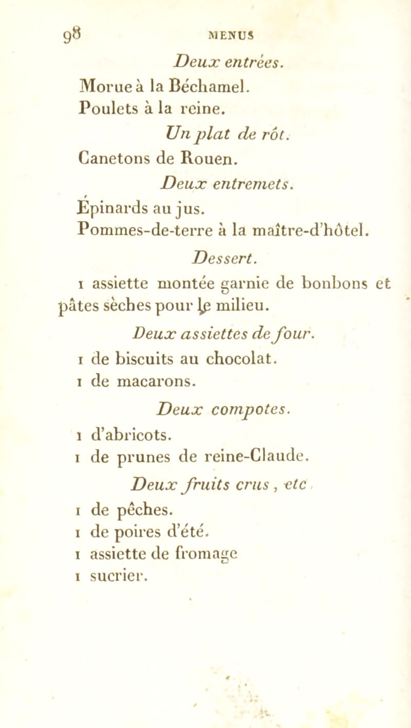 Deux entrées. Morue à la Béchamel. Poulets à la reine. Un plat de rôt. Canetons de Rouen. Deux entremets. Epinards au jus. Pommes-de-terre à la maître-d’hôtel. Dessert. i assiette montée garnie de bonbons et pâtes sèches pour \p milieu. Deux assiettes de four. i de biscuits au chocolat, i de macarons. Deux compotes. i d’abricots. i de prunes de reine-Claude. Deux fruits crus , etc i de pêches, i de poires d’été, i assiette de fromage i sucrier.