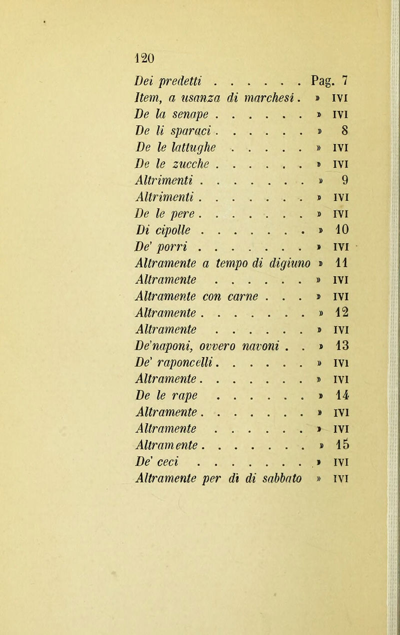 Dei predetti Pag. 7 Item, a usanza di marchesi. P IVI De la senape P IVI De li sparaci P 8 De le lattughe » IVI De le zucche P IVI Altrimenti P 9 Altrimenti P IVI De le pere P IVI Di cipolle » 10 De’ porri » IVI Altramente a tempo di digiuno P 11 Altramente » IVI Altramente con carne . . . P IVI Altramente P 12 Altramente J> IVI De’naponi, ovvero navoni . . 5 13 De' raponcelli » IVI Altramente P IVI De le rape P 14 Altramente P IVI Altramente P IVI Altramente P 15 De ceci P IVI