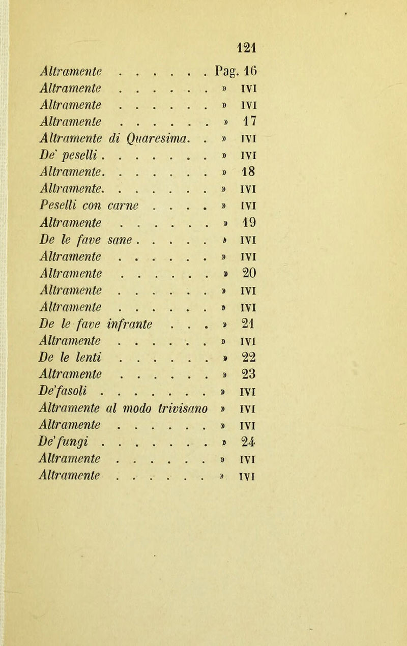Altramente Pag. 16 Altramente )) IVI Altramente )) IVI Altramente » 17 Altramente di Quaresima. » IVI De peselli » IVI Altramente » 18 Altramente » IVI Peselli con carne . . . )) IVI Altramente » 19 De le fave sane .... b IVI Altramente » IVI Altramente 9 20 Altramente » IVI Altramente D IVI De le fave infrante . . 9 21 Altramente D IVI De le lenti 9 22 Altramente » 23 De'fasoli 9 IVI Altramente al modo trivisano » IVI Altramente » IVI De’fungi 24 Altramente )) IVI Altramente