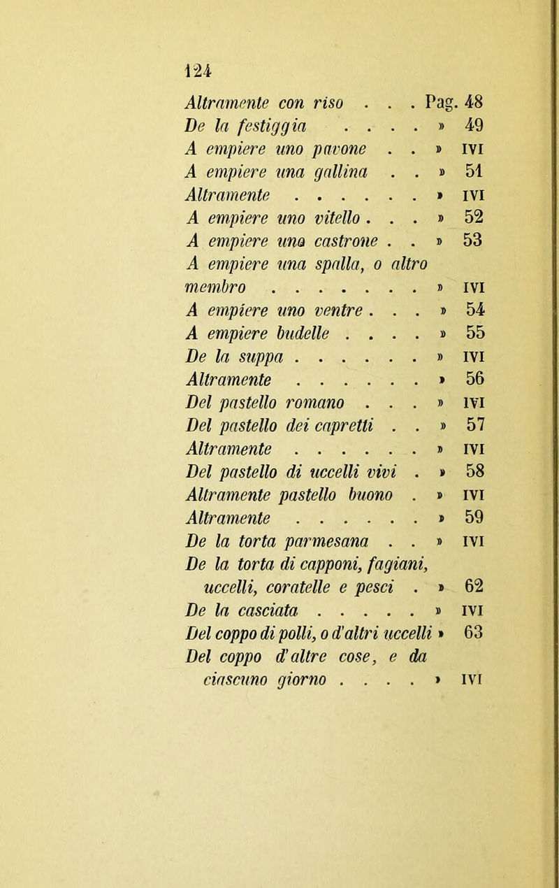 \u Altramente con riso . . . Pag. 48 De la festiggia . . . . » 49 A empiere uno pavone . . » IVI A empiere una gallina . » 51 Altramente » IVI A empiere uno vitello . . . » 52 A empiere uno castrone . . » 53 A empiere ima spalla, o altro membro . » IVI A empiere uno ventre . . . » 54 A empiere budelle . . . . » 55 De la suppa . » IVI Altramente ) 56 Del pastello romano . . . » IVI Del pastello dei capretti . . » 57 Altramente » IVI Del pastello di uccelli vivi . » 58 Altramente pastello buono . » IVI Altramente 59 De la torta parmesana . . » IVI De la torta di capponi, fagiani, uccelli, coratelle e pesci . » 62 De la casciata .... . » IVI Del coppo di polli, o d’altri uccelli » 63 Del coppo d'altre cose, e da