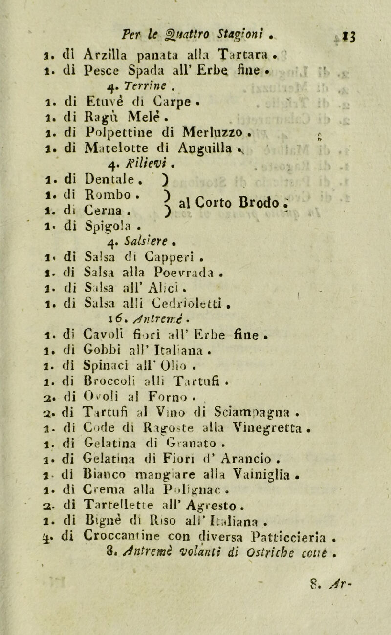 a. di i. di 1. di 1. di 1. di 1. di 1. di 1. di 1. di 1. di a* di 1. di a. di 1* di i. di i. di i. di 1. di 2. di 2* di a- di i. di i* di a- di a • dì 2- di 1. di 4. di Arzilla panata alla Tartara . Pesce Spada all’ Erbe fine • 4. Terrine . Etuvé di Carpe • Ragù Mele . Polpettine di Merluzzo • Matelotte di Anguilla 4. Rilievi. Dentale. ) Cerna ° ’ ) al C°rt0 Br°d° * Spigola . 4. Salsiere • Salsa di Capperi • Salsa alla Poevrada • Salsa all’ Alici. Salsa al!i Cedrioletti » 16. /4ntrerr;è • Cavoli fiori all’ Erbe fine • Gobbi all’ Italiana . Spinaci all* Olio . Broccoli a Ili Tartufi . Ovoli al Forno . Tartufi al Vino di Sciampagna • Code di Ragoste alla Vinegretta • Gelatina di Granato . Gelatina di Fiori d’ Arancio . Bianco mangiare alla Vainiglia - Crema alia Polignac . Tartelette all’ Agresto . Bignè di Riso all’Italiana. Croccamine con diversa Patticcierla . 3. /intrcmè volanti di Ostriche cctie . 8. Àr-