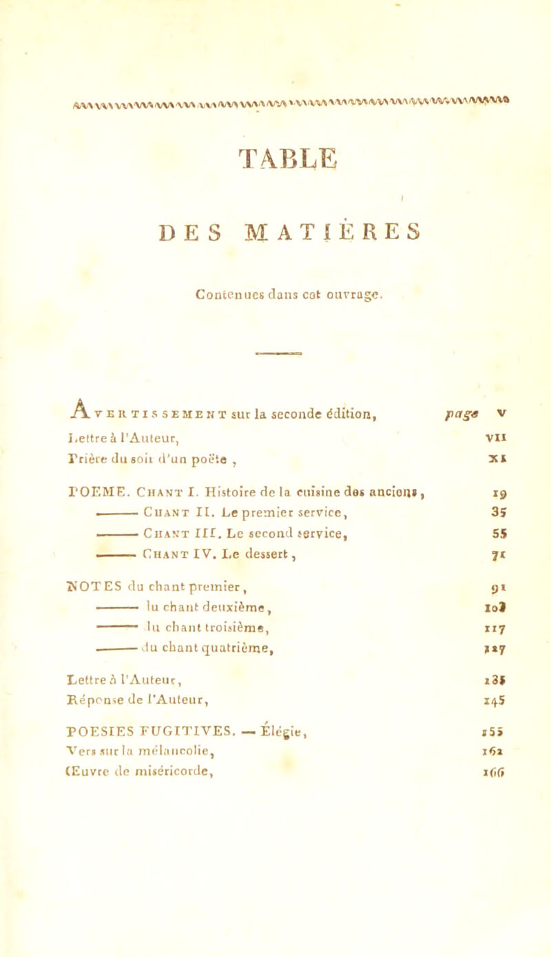 (4V>\V\VV>W\V\WVV>iVV>V>A\<VV\'VA.VVNVV<^'V>.VV%'VA\rVWW.WIV\»W TA.BLE DES MATIÈRES Contcmies dans cok ouvrage. A TE K TI s SEMENT sut U secoiide édition, i.eftreà l’Auteur, Trièie dusoii d'un poete , rOEME. Chant X. Histoire de la cuisine das aacion* > Chant H, Le premier service, -• Chant III. Le second service, . Chant IV. I.e dessert, ^lOTES du chant premier, -■ —— lu chant deuxième, — lu chant troisième, du chant quatrième, liettre A rAiiteiic, Réponse de l’Auteur, POESIES FUGITIVES. — Élégie, Vcri.iurla mélancolie, (Euvte de miséricorde. V VII XI 19 35 5$ iJ» loi 117 M7 x35 145 iS5 161 lOCt