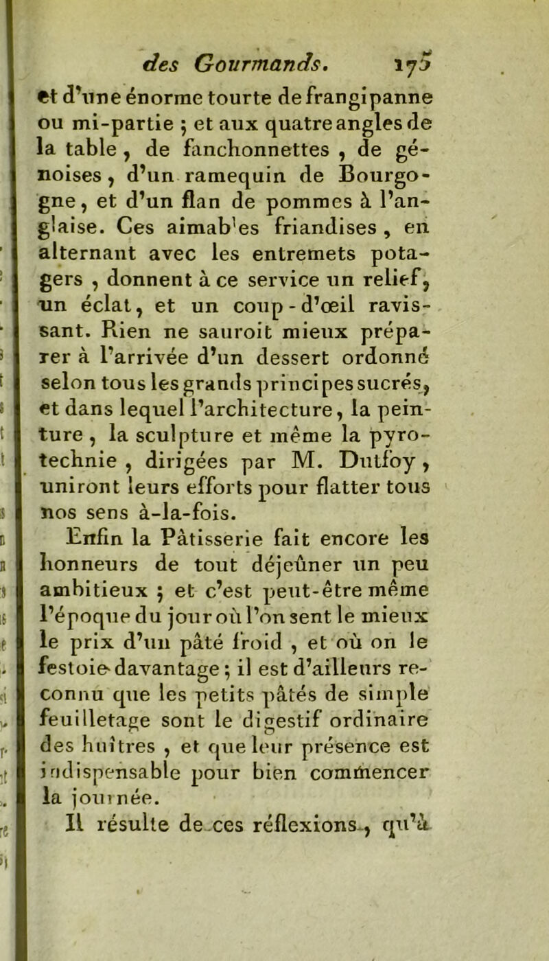 €t d'une énorme tourte de frangipanne ou mi-partie ; et aux quatre angles de la table , de fanchonnettes , de gé- noises, d’un ramequin de Bourgo- gne, et d’un flan de pommes à l’an- glaise. Ces aimab’es friandises , en alternant avec les entremets pota- gers , donnent à ce service un relief, un éclat, et un coup-d’œil ravis- sant. Pûen ne sauroit mieux prépa- rer à l'arrivée d’un dessert ordonné selon tous les grands principes sucrés, et dans lequel l’architecture, la pein- ture , la sculpture et meme la pyro- technie , dirigées par M. Dutfoy, uniront leurs efforts pour flatter tous nos sens à-la-fois. Enfin la Pâtisserie fait encore les honneurs de tout déjeûner un peu ambitieux 5 et c’est peut-être même l’époque du jour où l’on sent le mieux le prix d’un pâté froid , et où on le festoie^ davantage ; il est d’ailleurs re- connu que les petits pâtés de simple feuilletage sont le digestif ordinaire des huîtres , et que leur présence est indispensable pour bien comUiencer la joui née. Il résulte de ces réflexions-, qu’à