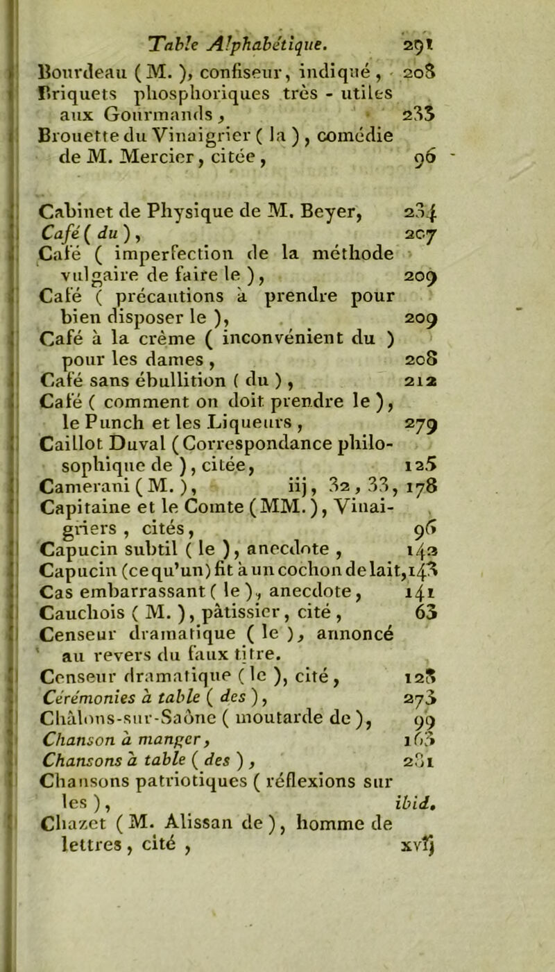 Bourdeau (M. ), confiseur, indiqué , 208 Briquets pliosphoriques très - utiles aux Gourmands, 233 Brouette du Vinaigrier ( la ), comédie de M. Mercier, citée , 96 * Cabinet de Physique de M. Beyer, 204 Café ( du) , 20 7 Café ( imperfection de la méthode vulgaire de faire le ), 209 Café ( précautions k prendre pour bien disposer le ), 209 Café à la crème ( inconvénient du ) pour les dames , 208 Café sans ébullition ( du ), 212 Café ( comment on doit, prendre le ), le Punch et les Liqueurs , 279 Caillot Duval (Correspondance philo- sophique de ), citée, 12.5 Camerani (M. ), iij, 32,33,178 Capitaine et le Comte (MM.), Vinai- griers , cités, 95 Capucin subtil ( le ), anecdote , 143 Capucin (ce qu’un) fit à un cochon de lait, 148 Cas embarrassante le), anecdote, Cauchois ( M. ), pâtissier, cité , Censeur dramatique ( le ), annoncé au revers du faux titre. Censeur dramatique ( le ), cité, Cérémonies à table ( des ), Chàlons-sur-Saône ( moutarde de), Chanson a manger, Chansons a table ( des ) , Chansons patriotiques ( réflexions sur les), Chazet ( M. Alissan de ), homme de 141 63 lettres, cité 128 273 99 i63 2,31 ibid, xvt]