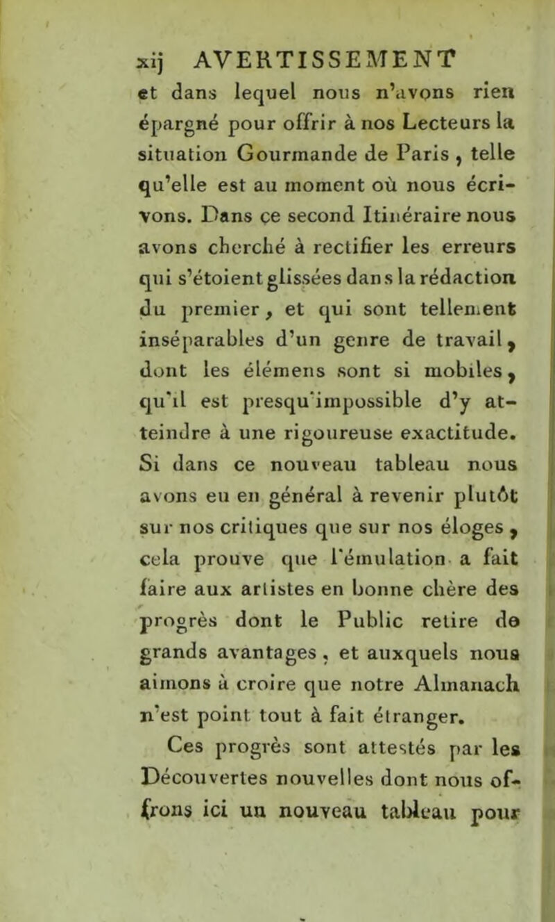 et dans lequel nous n’avons rien épargné pour offrir à nos Lecteurs la situation Gourmande de Paris , telle qu’elle est au moment où nous écri- vons. Dans çe second Itinéraire nous avons cherché à rectifier les erreurs qui s’étoient glissées dan s la rédaction du premier, et qui sont tellement inséparables d’un genre de travail, dont les élémens sont si mobiles, qu'il est presqu impossible d’y at- teindre à une rigoureuse exactitude. Si dans ce nouveau tableau nous avons eu en général à revenir plutôt sur nos critiques que sur nos éloges , cela prouve que l’émulation a fait faire aux artistes en bonne chère des r progrès dont le Public retire do grands avantages, et auxquels noua aimons à croire que notre Almanach n’est point tout à fait étranger. Ces progrès sont attestés par les Découvertes nouvelles dont nous of- frons ici un nouveau tableau pour