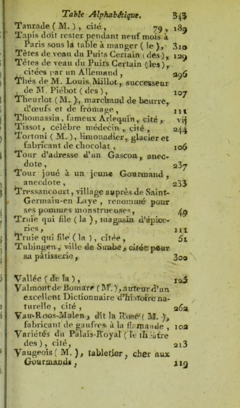 Tanraile ( M. ) , cité, 79 , Tapis doit rester pendant neuf mois à Paris sous la table à manger ( le ),- Têtes de veau du Puits Certain 1, des ), Tètes de veau du Puits Certain (les), citées rar un Allemand , Thés deM. Louis Millot, successeur , de RI. Piéliot ( «les ), Theurlot (R1. ), marchand de beurre, d’oeufs et de fromage, Tliomassin, fameux Arlequin, cité, Tissot, célèbre médecin r cité , Tortoni ( M. ), limonadier, glacier et fabricant de chocolat, Tour d’adresse «l’un Gascon, anec- dote , Tour joué à un jeune Gourmand , anectlore, iTressaneourt, village auprès de Saint- Gerinain-en Laye , renommé pour ses pommes monstrueuses, Truie qui iile ( la ) , magasin d’épice- ries , ^ruie qui file ( la ), citée , Tubjngeu r ville de Suabe, citée pour sa pâtisserie, Vallée ( de la ), Valmoiîtde ho marre ( Rf.}, auteur d’un excellent Dictionnaire «Phi.sroire na- turelle , cité, VamRoos-RJalen , dit la Rose'( RI. ), fabricant de gaufres, à la fl: mande , Variétés «lu Palais-Royal (Te thiàire des ), cité, Vaugeois ( M. ), tabler;er, cher aux Gourmands, 189 3io 139 396 107 111 vif 244 106 237 233 49 ut 5i 309 123 26a 10a 2l3 HQ