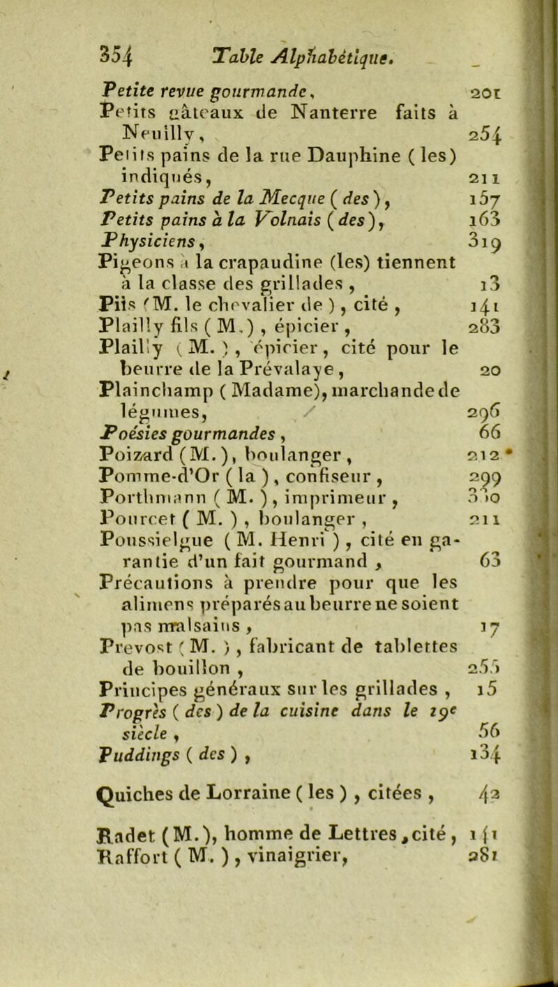 Petite revue gourmande, Petits aàteaux de Nanterre faits à Netùlly, Peiifs pains de la rue Dauphine ( les) indiqués, Petits pains de la Mecque ( des ), Petits pains a la Volnais ( des)r Physiciens, Pigeons t la crapaudine (les) tiennent à la classe des grillades , Piis 'M. le chevalier de ), cité , Plailly fils ( M.) , épicier , Plailly ( M. ), épicier, cité pour le beurre de la Prévalaye, Plainchamp ( Madame), marchande de légumes, / Poésies gourmandes, Poizard (M. ), boulanger , Pomme-d’Or ( la ), confiseur , Porthmann ( M. ) , imprimeur , Pourcet ( M. ) , boulanger , Poussielgue ( M. Henri ), cité en ga- rantie d’un fait gourmand , Précautions à prendre pour que les alimons préparés au beurre ne soient pas malsains , Prévost ( M. ) , fabricant de tablettes de bouillon , Principes généraux sur les grillades , Progrès ( des ) de la cuisine dans le zp« siècle , Puddings ( des ) , 20t 254 211 157 i63 319 i3 H1 283 20 295 66 212' 299 O O Ô >0 211 63 J7 25.'» i5 56 Quiches de Lorraine ( les ) , citées , 43 Radet (M.), homme de Lettres,cité , 1 f 1 Raffort ( M. ), vinaigrier, a Si