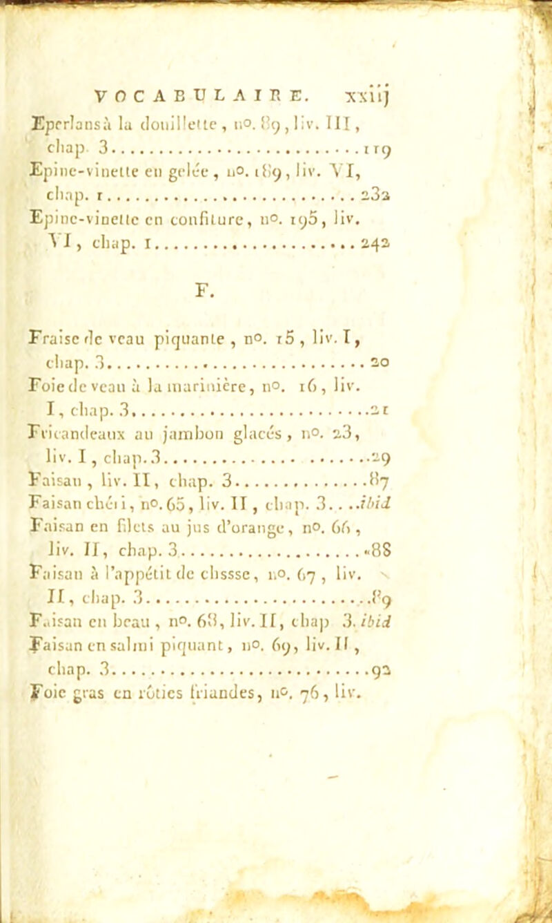 VOCABULAIRE. TCICllJ Eprrlansà la douilicitc , iio. B9 , liv. III, cliap 3 119 Epiiie-vincllc en gelée, uo. 11:9, liv. VI, cliap. r 23a Epinc-vinellc en coufilure, 11°. u)5, liv. A I, cliap. 1 24a F. Fraise lie veau piqiianle , n°. i5, liv. I, cliap. 3 ao Foiedeveau h la marinière, n°. 16, liv. I, cliap. 3 at Fvicandeaux au jambon glacés, ii°. a3, liv. I , cliap. 3 29 Faisan, liv. II, cliap. 3 IÎ7 Faisan cliéi 1, n°.65, liv. II , clmp. .3. . ..il'iJ Fai.san en fllcls au jus d’orange, no. 6li, liv. II, cliap. 3 -88 Faisan à l’appélilde clissse, 1.0. 67 , liv. II, cliap. .3 89 F..isau en beau , n°. 68, liv. II, clia)i 3. ibid Faisan en saimi piquant, iio, 69, liv. II, cliap. 3 ga Foie gras en rôties Iriandes, iio. 76, liv.