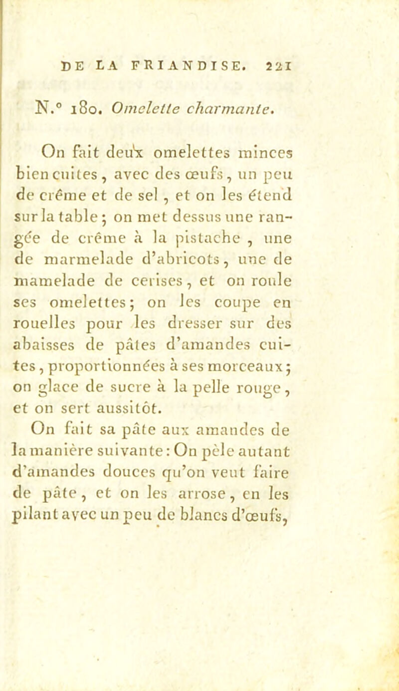 N.® i8o. Omelette charmante. On fait deuSc omelettes minces I bien cuites, avec des œufs, un peu de crème et de sel , et on les étend sur la table ; on met dessus une ran- gée de crème à la pistache , une de marmelade d’abricots, une de mamelade de cerises, et on roule ses omelettes; on les coupe en rouelles pour les dresser sur des abaisses de pâtes d’amandes cui- tes , proportionnées à ses morceaux ; on glace de sucre à la pelle rouge, et on sert aussitôt. On fait sa pâte aux amandes de la manière suivante : On pèle autant d’amandes douces qu’on veut faire de pâte, et on les arrose, en les pilant avec un peu de blancs d’œufs,