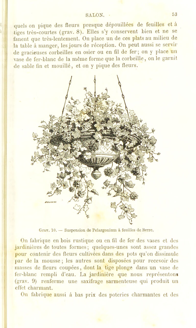 SALON. 03 ; quels on pique des fleurs presque dépouillées de feuilles et à tiges très-courtes (grav. 8). Elles s’y conservent bien et ne se j fanent que très-lentement. On place un de ces plats au milieu de I la table à manger, les jours de réception. On peut aussi se servir de gracieuses corbeilles en osier ou en fil de fer; on y place un vase de fer-blanc de la même forme que la corbeille, on le garnit I de sable fin et mouillé, et on y pique des fleurs. Grav. 10. — Suspension de Pelnrgoninm à feuilles de lierre. On fabrique en bois rustique ou en fil de fer des vases et des I jardinières de toutes formes; quelques-unes sont assez grandes !| j)Our contenir des fleurs cultivées dans des pots qu’on dissimule ! par delà mousse; les autres sont disposées pour recevoir des masses de fleurs coupées, dont la tige plonge dans un vase de fer-blanc rempli d’eau. La jardinière que nous représenton* (grav. 9) renferme une saxifrage sarmenteusc ([ui produit un effet charmant. On fabrique aussi à bas prix des poteries charmantes et des II