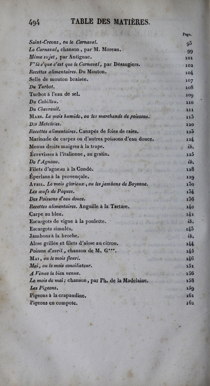 Page. Saint-Crevaz, ou le Carnaval. Le Carnaval, chanson , par M. Moreau. gg Même sujet, par Antignac. 10i V’iàc’que c’est que le Carnaval, par Désaugiers. 103 Recettes alimentaires. Du Mouton. 104 Selle de mouton braisée. 107 Du Turbot. 108 Turbot à l’eau de sel. 109 Du Cabillau. no Du Chevreuil. ni Mars. Le mois humide, ou tes marchands de poissons. n3 Djs Mateloles. 120 Recettes alimentaires. Canapés de foies de raies. ia3 Marinade de carpes ou d’autres poissons d’eau douce. 124 Menus droits maigres à la trape. ib. Ecrevisses à l’italienne, au gratin. 125 De l’Agneau. ib. Filets d’agneau à la Condé. 128 Éperlansà la provençale. 129 Avril. Le mois glorieux, ou les jambons de Bayonne. iûo Les œufs de Pâques. i34 Des Poissons d’eau douce. i36 Recettes alimentaires. Anguille à la Tartare. i4o Carpe au bleu. i4i Escargots de vigne à la poulette. ib. Escargots simulés. i45 Jambons à la broche. ib. Alose grillée et filets d’alose au citron. i44 Poisson d’avril, chanson de M. G***. i45 Mai , ou le mois fleuri. i46 Mai, ou le mois conciliateur. i5» A Vénus la bien venue. i56 Le mois de mai ; chanson, par Ph. de la Madelaine. i58 Les Pigeons. i5g Pigeons à la crapaudine, 161 Pigeons en compote, 162