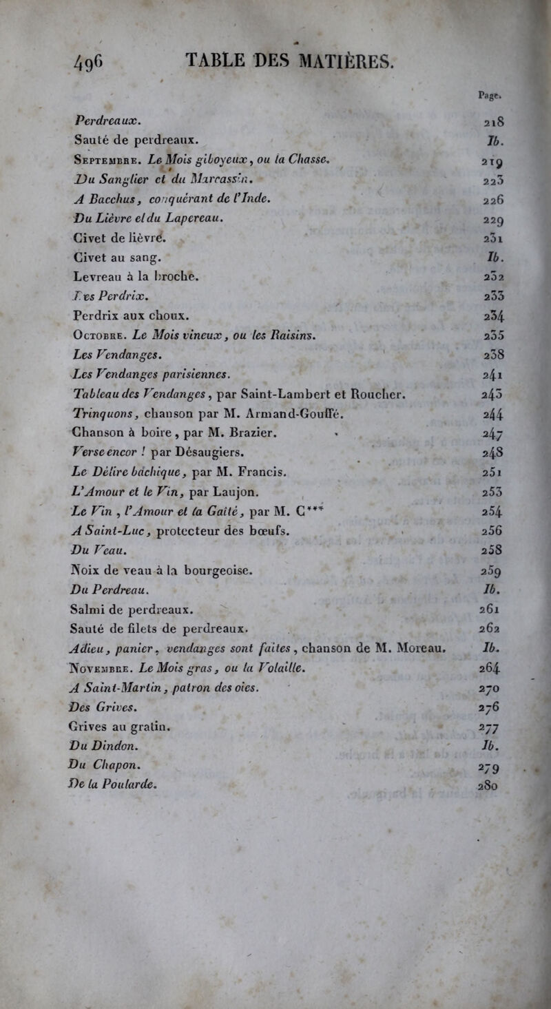 Page. Perdreaux. 218 Sauté de perdreaux. Jb. Septembre. Le Mois giboyeux, ou la Chasse. 2 ry Du Sanglier et du Marcassin. 223 A Bacchus, conquérant de l’Inde. 226 Du Lièvre eldu Lapereau. 229 Civet de liévré. 231 Civet au sang. Ib. Levreau à la broche. 252 Les Perdrix. 253 Perdrix aux choux. 234 Octobre. Le Mois vineux, ou les Raisins. 255 Les Vendanges. 238 Les Vendanges parisiennes. 241 Tableau des Vendanges, par Saint-Lambert et Roucher. 243 Trinquons, chanson par M. Armand-Gouffé. 244 Chanson à boire, par M. Brazier. - 247 Verse encor ! par Désaugiers. 248 Le Délire bachique, par M. Francis. 251 L’Amour et le Vin, par Laujon. 253 Le Vin , l’Amour et (a Gaitè, par M. C*¥* 254 A Saint-Luc, protecteur des bœufs. 256 Du Veau. 258 Noix de veau à U bourgeoise. 25g Du Perdreau. Ib. Salmi de perdreaux. 261 Sauté de filets de perdreaux. 262 Adieu, panier, vendanges sont faites, chanson de M. Moreau. Ib. Novembre. Le Mois gras, ou la Volaille. 264 A Saint-Martin, patron des oies. 270 Des Grives. 276 Grives au gratin. 277 Du Dindon. Ib. Du Chapon. 279 De la Poularde. 280