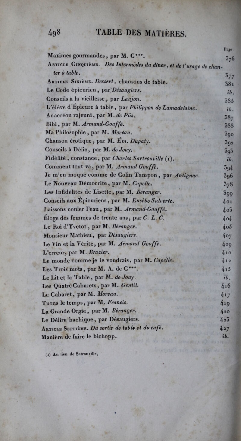 Page Maximes gourmandes, par M. C444. Article Cinquième. Des Intermèdes du dtner, et de l’usage de chan- ter à table. Article Sixième. Dessert, chansons de table. Le Code épicurien , par'Dèsaugiers. Conseils à la vieillesse, par Laujon. L’élève d’Epicure à table, par Philippon de Lamadelaine. Anacréon rajeuni, par M. de Piis. Bibi, par M. Armand-Gouffè. Ma Philosophie , par M. Moreau. Chanson érotique, par M. Em. Dupaly. Conseils à Délie, par M. deJouy. Fidélité , constance, par Charles Sartrouville (1). Comment tout va, par M. Armand-Gouffè. Je m’en moque comme de Colin Tampon , par Antignac. Le Nouveau Démocrite, par M. Capelle. S7S Les Infidélités de Lisette, par M. Béranger. 3^9 Conseils aux Epicuriens, par M. Eusèbe Salverte. 401 Laissons couler l’eau, par M. Armand-Gouffè. 4o3 Éloge des femmes de trente ans, par C. L. C. 4o4 Le Roi d’Yvetot, par M. Béranger. 4o5 Monsieur Mathieu, par Dèsaugiers. 407 Le Vin et la Vérité, par M. Armand Gouffe. 409 L’erreur, par M. Brazier. 410 Le monde comme je le voudrais, par M. Capelle. 4*2 Les Troitf mots, par M. A. de C4*4. 4*5 Le Lit et la Table, par M. de Jouy. ib. Les Quatre Cabarets, par M. Gentil. 4*6 Le Cabaret, par M. Moreau. 4*7 Tuons le temps, par M. Francis. 4*9 La Grande Orgie, par M. Béranger. 420 Le Délire bachique, par Dèsaugiers. 425 Article Septième. Du sortir de table et du café. 427 Manière de faire le bichopp. ib. S77 58i ib. 385 ib. 587 388 3go 392 3g3 ib. ^94 (l) Au lieu de SatKonrille,