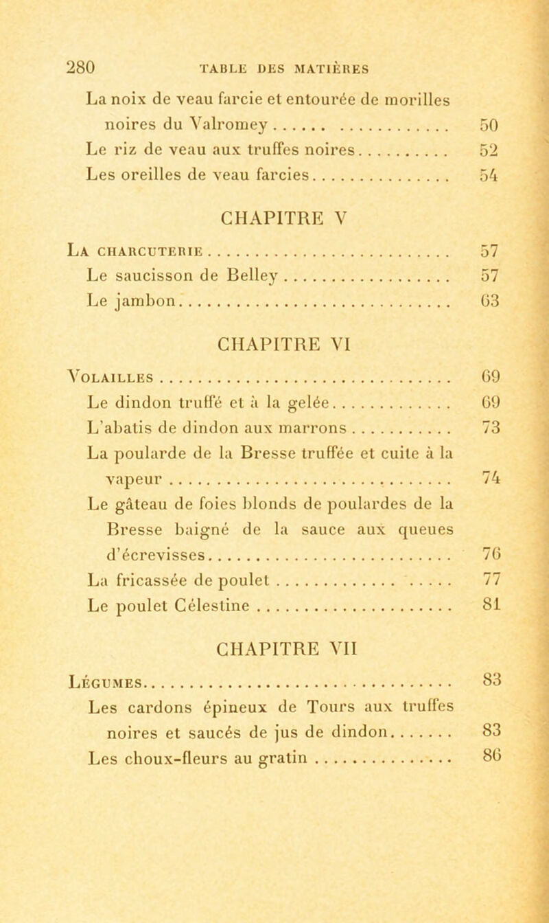 La noix de veau farcie et entourée de morilles noires du Valromey 50 Le riz de veau aux truffes noires 52 Les oreilles de veau farcies 54 CHAPITRE V La charcuterie 57 Le saucisson de Belley 57 Le jambon 63 CHAPITRE YI Volailles 69 Le dindon truffé et à la gelée 69 L’abatis de dindon aux marrons 73 La poularde de la Bresse truffée et cuite à la vapeur 74 Le gâteau de foies blonds de poulardes de la Bresse baigné de la sauce aux queues d’écrevisses 76 La fricassée de poulet 77 Le poulet Célesline 81 CHAPITRE VII Légumes 83 Les cardons épineux de Tours aux truffes noires et saucés de jus de dindon 83 Les choux-fleurs au gratin 86