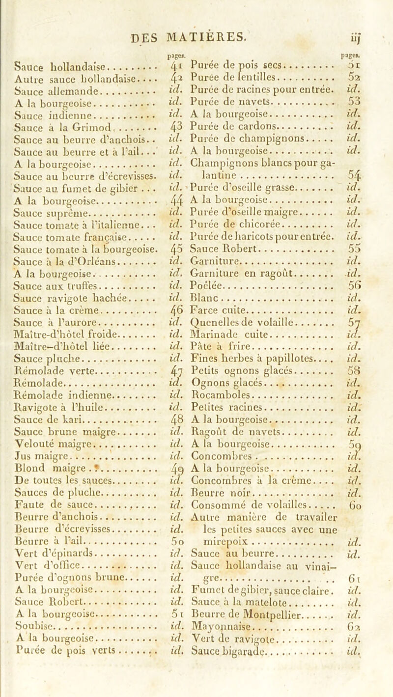 Sauce hollandaise Autre sauce hollandaise. •• • Sauce allemande A la bourgeoise Sauce indienne Sauce à la Grimod. Sauce au beurre d’anchois.. Sauce au beurre et à l’ail... A la bourgeoise Sauce au beurre d’écrevisses. Sauce au. fumet de gibier ... A la bourgeoise Sauce suprême Sauce tomate à l’italienne... Sauce tomate française Sauce tomate à la bourgeoise. Sauce à la d’Orléans À la bourgeoise Sauce aux truffes Sauce ravigote hachée Sauce à la crème Sauce à l’aurore Maître-d’hôtel froide Maître—d’hôtel liée Sauce pluche Rémolade verte Rémolade Rémolade indienne Ravigote à l’huile Sauce de kari Sauce brune maigre Velouté maigre Jus maigre Blond maigre.? De toutes les sauces Sauces de pluche Faute de sauce ,.... Beurre d’anchois Beurre d’écrevisses Beurre à l’ail Vert d’épinards Vert d’office Purée d’ognons brune A la bourgeoise Sauce Robert A la bourgeoise Soubise A la bourgeoise page*. 4‘ Purée de pois secs page». 31 42 Purée de lentilles 52 id. Purée de racines pour entrée. id. id. Purée de navets 53 ici. A la bourgeoise id. 43 Purée de cardons id. id. Purée de champignons id. id. id. A la bourgeoise Champignons blancs pour ga- id. ad. lautine 54 id. Purée d’oseille grasse id. 44 A la bourgeoise id. ici. Purée d’oseille maigre id. id. Purée de chicorée id. id. Purée de haricots pour entrée. id. 45 Sauce Robert 55 id. Garniture id. id. Garniture en ragoût ici. id. Poêlée 56 id. Blanc id. 46 Farce cuite id. ici. Quenellesde volaille 57 id. Marinade cuite id. ici. Pâte à frire id. id. Fines herbes à papillotes.... Petits ognons glacés id. 47 58 id. Ognons glacés id. ici. Rocamboles id. id. Petites racines id. -p> CO A la bourgeoise id. id. Ragoût de navets ici. id. A la bourgeoise 5q id. Concombres id. 49 A la bourgeoise id. m. Concombres à la crème. . . . id. id. Beurre noir id. id. id. id. Consommé de volailles Autre manière de travail- les petites sauces avec une Cio 5o mirepoix id. id. id. Sauce au beurre Sauce hollandaise au vinai— id. ici. gre •• fit id. Fumet de gibier, sauce claire. Sauce h la matelote id. ici. id. 51 Beurre de Montpellier id. id. Mayopnaise G 2 id. Vert de ravigote id.