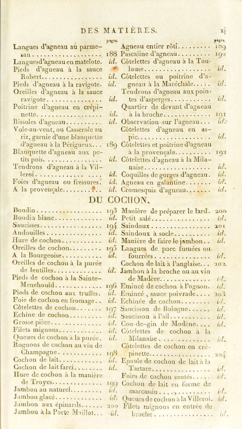 Langues d’agneau au parme- san . Languesd’agneau en matelote. Pieds d’agneau à la sauce Robert. Pieds d’agneau à la ravigote. Oreilles d’agneau à la sauce ravigote Poitrine d’agneau en crépi- nette Rissoles d’agneau Vole-au-vent, ou Casserole au riz, garnie d’une blanquette d’agneau à la Périgueux.. . Blanquette d’agneau aux pe- tits pois Tendrons d’agneau à la Vil— leroi .... Foies d’agneau ou fressures. A la provençale........ •.. DU Boudin Bondi a blanc Saucisses Andouilles Hure de cochon. Oreilles de cochon A la Bourgeoise Oreilles de cochon à la purée de lentilles Pieds de cochon à la Saiute- Menehould Pieds de cochon aux trulï'es. Foie de cochon en fromage. . Côtelettes de cochon Echine de cochon Grosse pièce Filets mignons Queues de cochon à la purée. Rognons de cochon au vin de Champagne Cochon de lait Cochon de lait farci Hure de cochon à la manière de Trojes Jambon au naturel Jambon glacé Jambon aux épinards. Jambon à la Porte Maillot... psgll». _ ?»«<■»• Agneau entier rôti iftg 188 PascaJine d’agneau 190 ici. Côtelettes d’agneau à la Tou- •• louse id. ici. Côtelettes ou poitrine d’a- id. gnean à la Maréchale.. . ;. ici. Tendrons d’agneau auxpoin- id. tes d’asperges ici. Quartier de devant d’agneau ici. à la broche. 191 id. Observation sur l’agneau.. . id.' Côtelettes d’agneau en as- pic. id. 189 Côtelettes et poitrine d’agneau à la provençale. 192 id. Côtelettes d’agneau à la Mila- naise id. id. Coquilles de gorges d’agneau. id. ici. Agneau en galantine id. id. Cromesquis d’agneau....... id. COCHON. iq3 Manière de préparer le lard. 200. id. Petit salé... id. xg4 Saindoux 301 id. Saindoux à socle. id.. ici. Manière de faire le jambon. . ici. 19:) Langues de porc fumées 011- icL fourrées...... id . Cochon de lait à l’anglaise.. , ao >. id. Jambon à la broche au au viri de Madère id. 196 Emincé de cochon àl’ognon. ici. id. Emincé , sauce poivrade. . . . 20 » id. Echinée de cochon id. 197 Saucisson de Bologne...... id. id. Saucisson à l’ail id. id. Cou-de-gin de Modène. ,,. id. id. Côtelettes de cochon à la ici. Milanaise.... ......... /<•?. Côtelettes de cochon en cré- 198 pinette ao.f id. Epaule de cochon de lait à la id. Tartare id. Foies de cochon sautés id. >99 Cochon de lait eu forme de id. marcassin. ., id. id. Queues de cochon à la Villeroi. id. aoo Filets mignons eu entrée do ici. broche id.