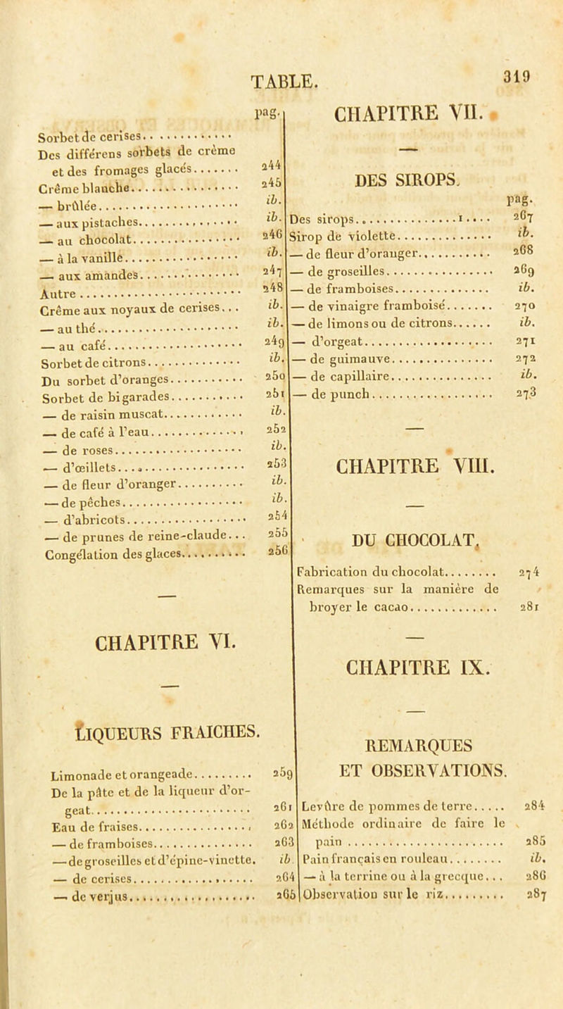 i)as- CHAPITRE VII. 244 245 ib. il. a4G ib. 247 248 ib. ib. 24g ib. 25o 261 ib. 2Ô2 ib. 253 ib. ib. 254 255 25G DES SIROPS. Pag- Des sirops 2G7 Sirop de violette — de fleur d’oranger 2G8 — de groseilles 269 — de framboises ib. — de vinaigre framboise 270 — de limons ou de citrons ib. — d’orgeat 271 de guimauve 272 — de capillaire ib. — de punch 27.3 CHAPITRE VIII. DU CHOCOLAT, 274 Fabrication du chocolat Remarques sur la manière de broyer le cacao 281 CHAPITRE IX. Sorbet de cerises Des différons sorbets de crème et des fromages glacés Crème blanche — brCllée — aux pistaches — au chocolat — à la vanille — aux amandes Autre Crème aux noyaux de cerises... — au thé — au café Sorbet de citrons Du sorbet d’oranges Sorbet de bigarades — de raisin muscat — de café à l’eau — de roses — d’œillets — de fleur d’oranger — de pêches — d’abricots. — de prunes de reine-claude... Congélation des glaces > * • • CHAPITRE VI. LIQUEURS FRAICHES. Limonade et orangeade De la pâte et de la liqueur d’or- geat.- Eau de fraises . — de framboises — de groseilles et d’épine-vinette. — de cerises —■ de verjus REMARQUES ET OBSERVATIONS. LevClre de pommes de terre 284 Méthode ordinaire de faire le pain 285 Pain français en rouleau ib. — à la terrine ou à la grecque... 28G Observation sur le riz 287 2G1 2G2 203 ib. kG4 sG5